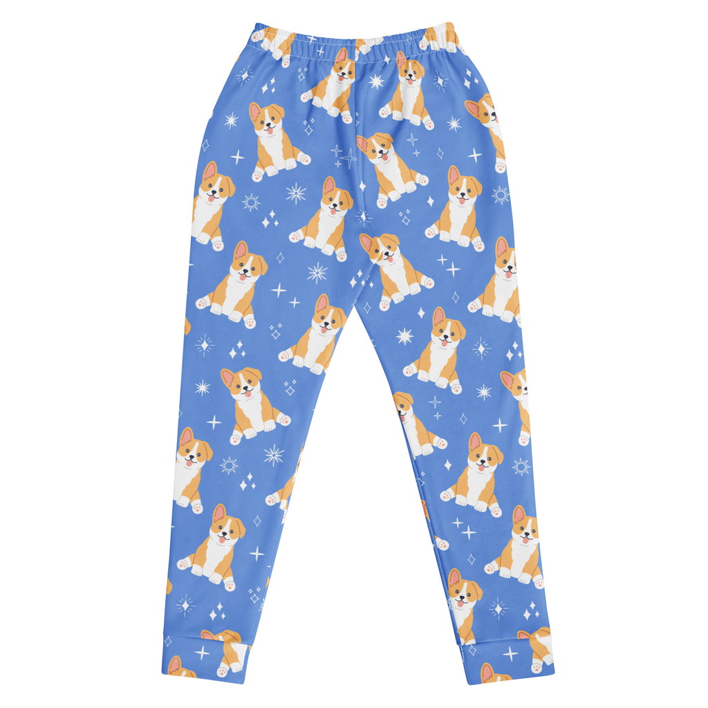 Women’s blue recycled jogger pants with pockets featuring playful cartoon corgi puppies and cozy brushed fleece lining