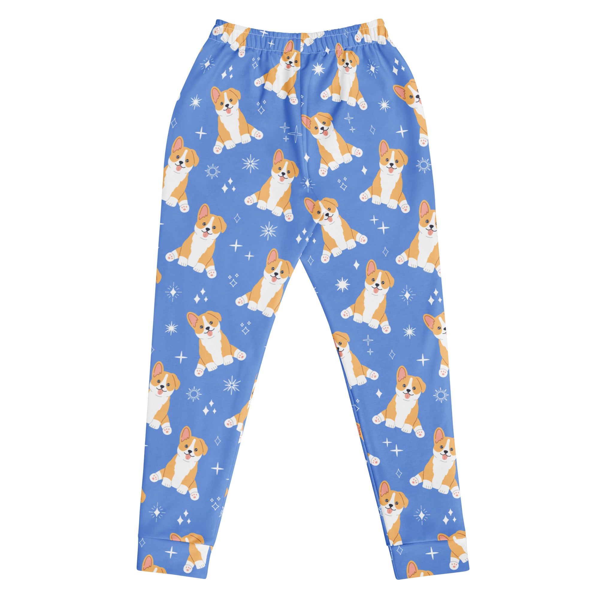 Women’s blue recycled jogger pants with pockets featuring playful cartoon corgi puppies and cozy brushed fleece lining
