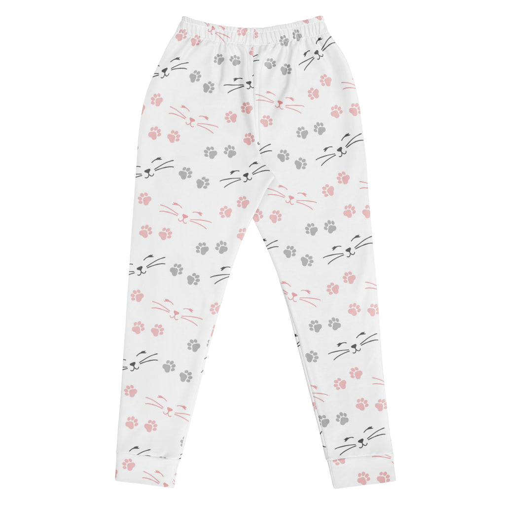 White leggings with pink and gray cat faces whiskers paw prints made from recycled fleece jogger pants with pockets