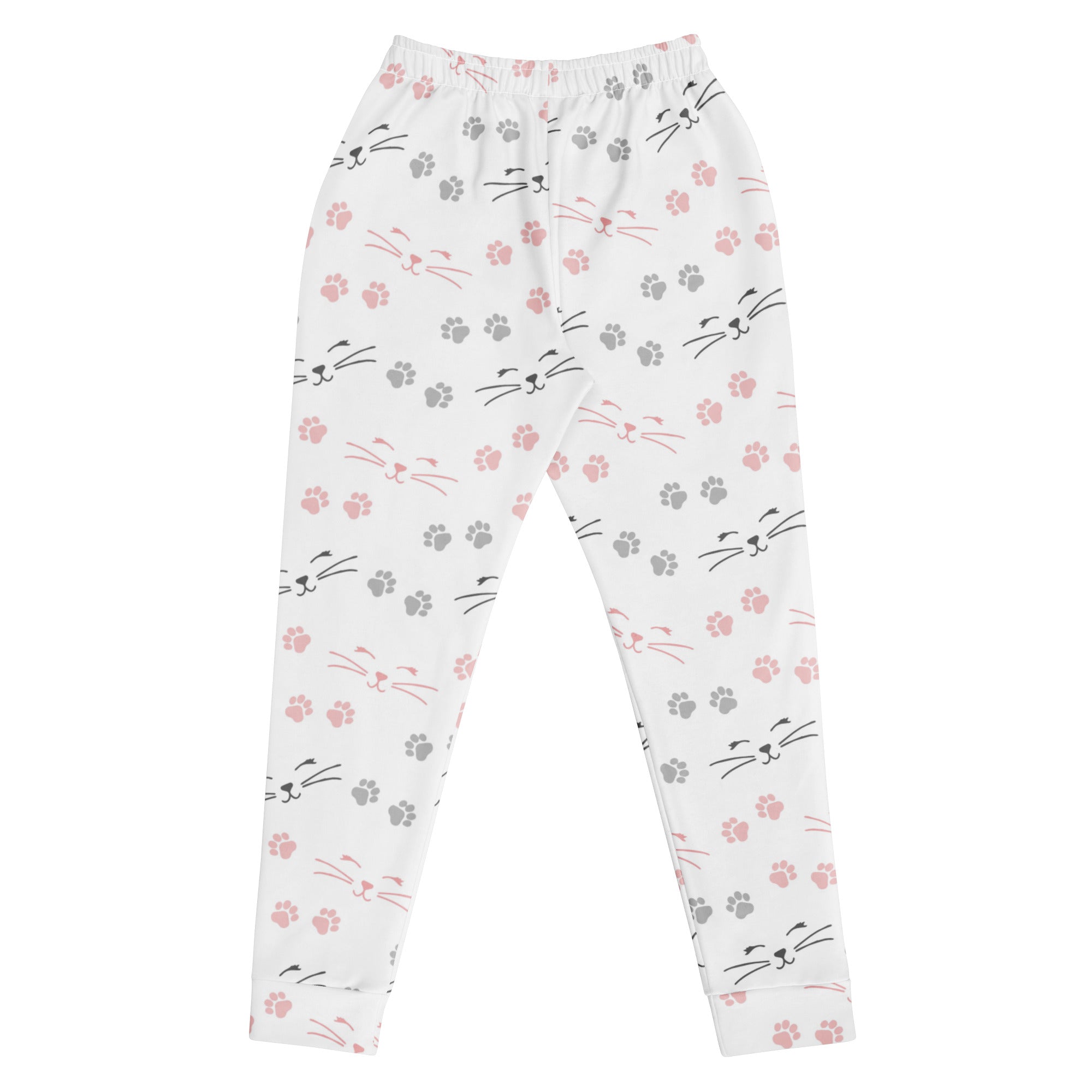 White leggings with pink and gray cat faces whiskers paw prints made from recycled fleece jogger pants with pockets
