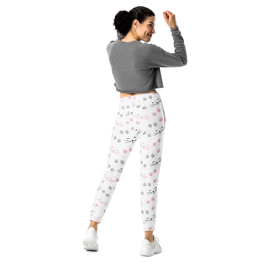 White women’s jogger pants with black cat faces pink paw prints cozy recycled fleece with pockets