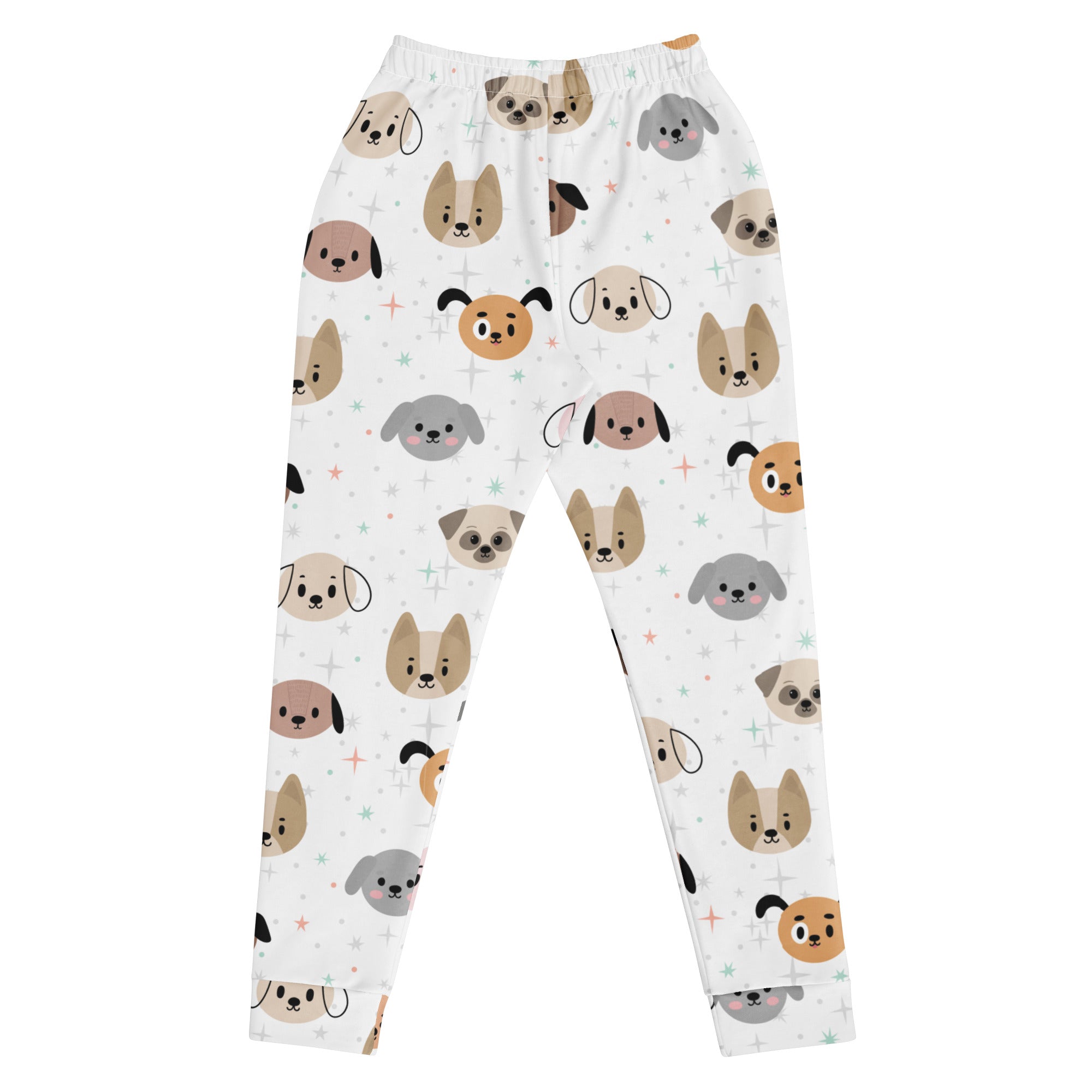 Women’s white recycled jogger pants with cozy brushed fleece inside feature playful cartoon dog faces and star accents