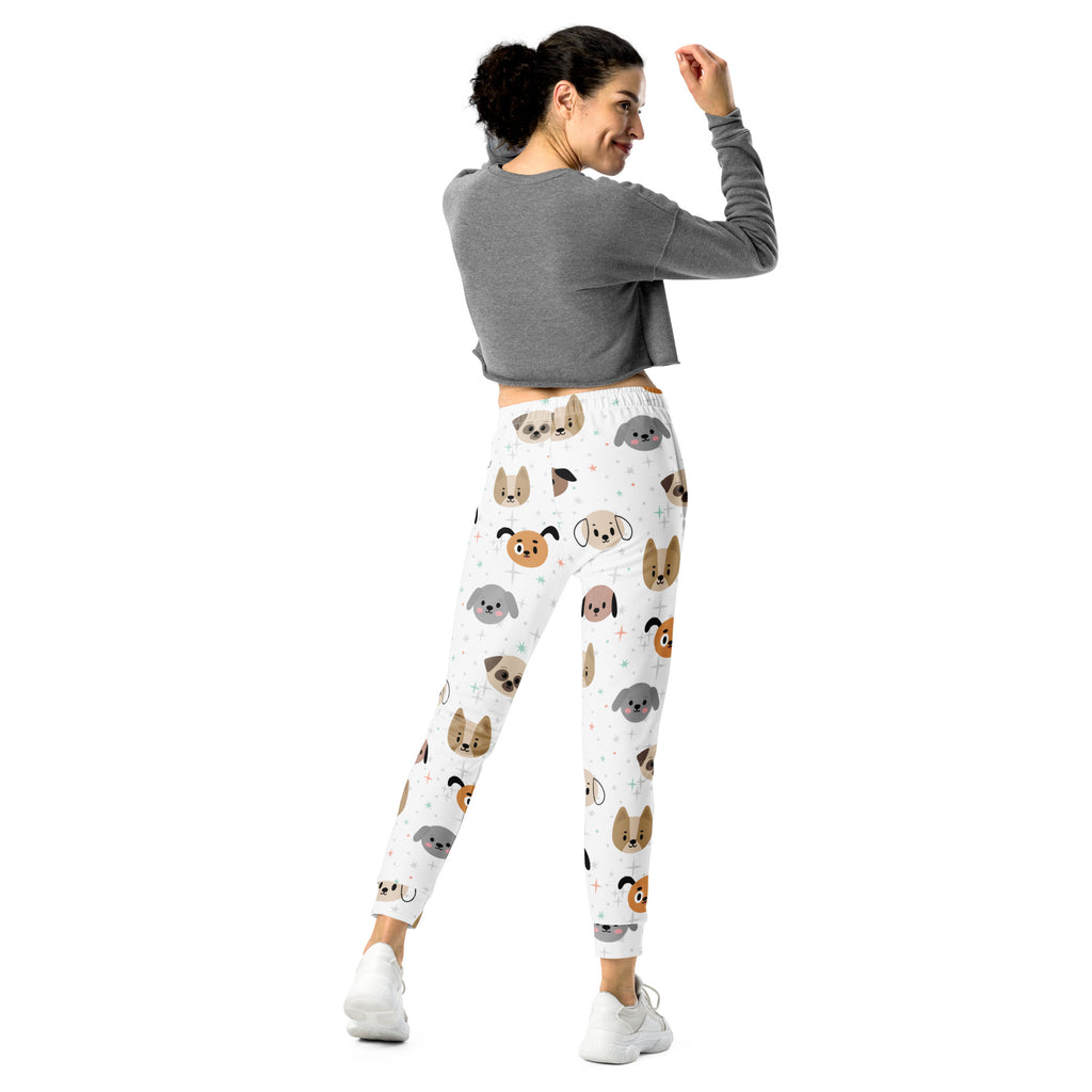 Women’s white recycled jogger pants with colorful cartoon dog pattern cozy brushed inside fleece and pockets