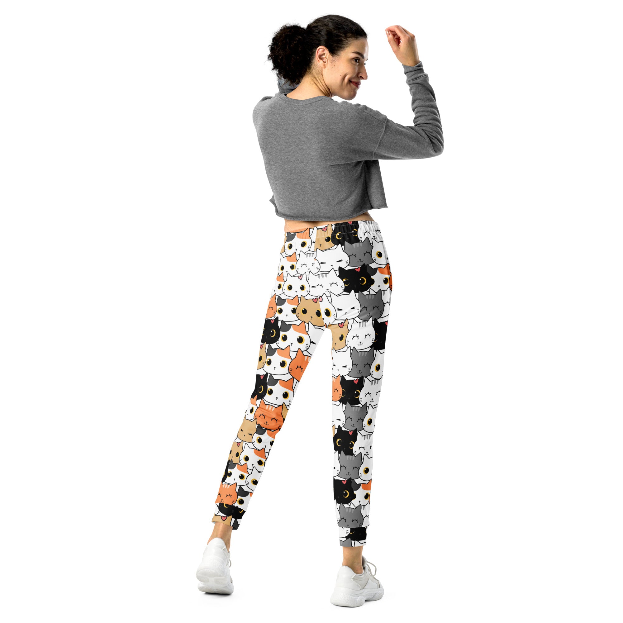 Women’s Cat Face Recycled Jogger Pants With Pockets – Cozy Brushed Inside Fleece