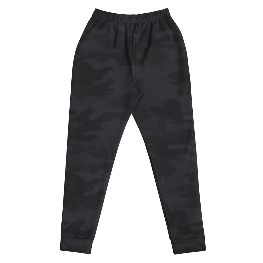 Women’s black camouflage recycled jogger pants with elastic waistband ribbed cuffs and cozy brushed inside fleece