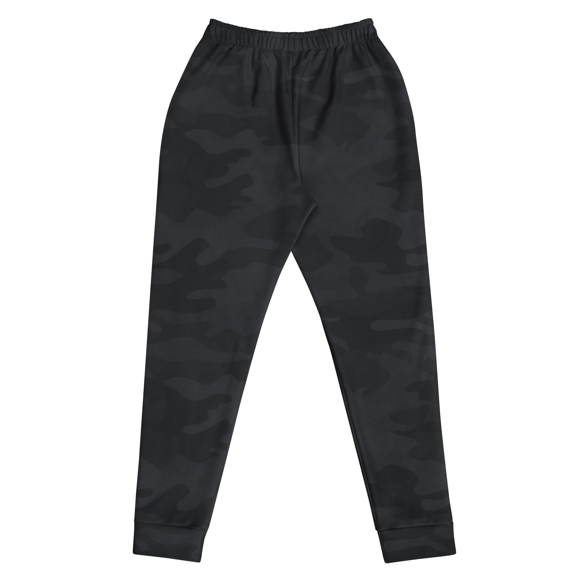 Women’s black camouflage recycled jogger pants with elastic waistband ribbed cuffs and cozy brushed inside fleece