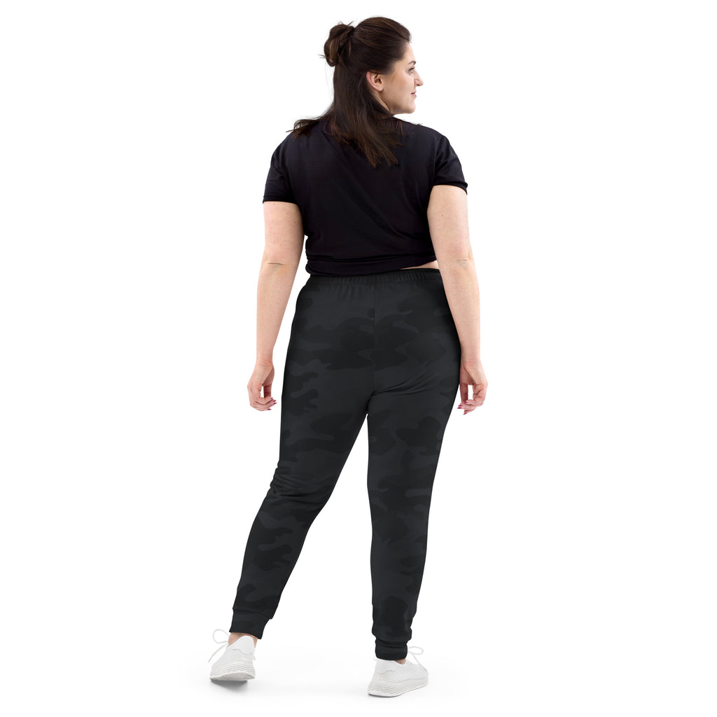 Women’s black camouflage recycled jogger pants with subtle pattern elastic cuffs cozy brushed fleece inside