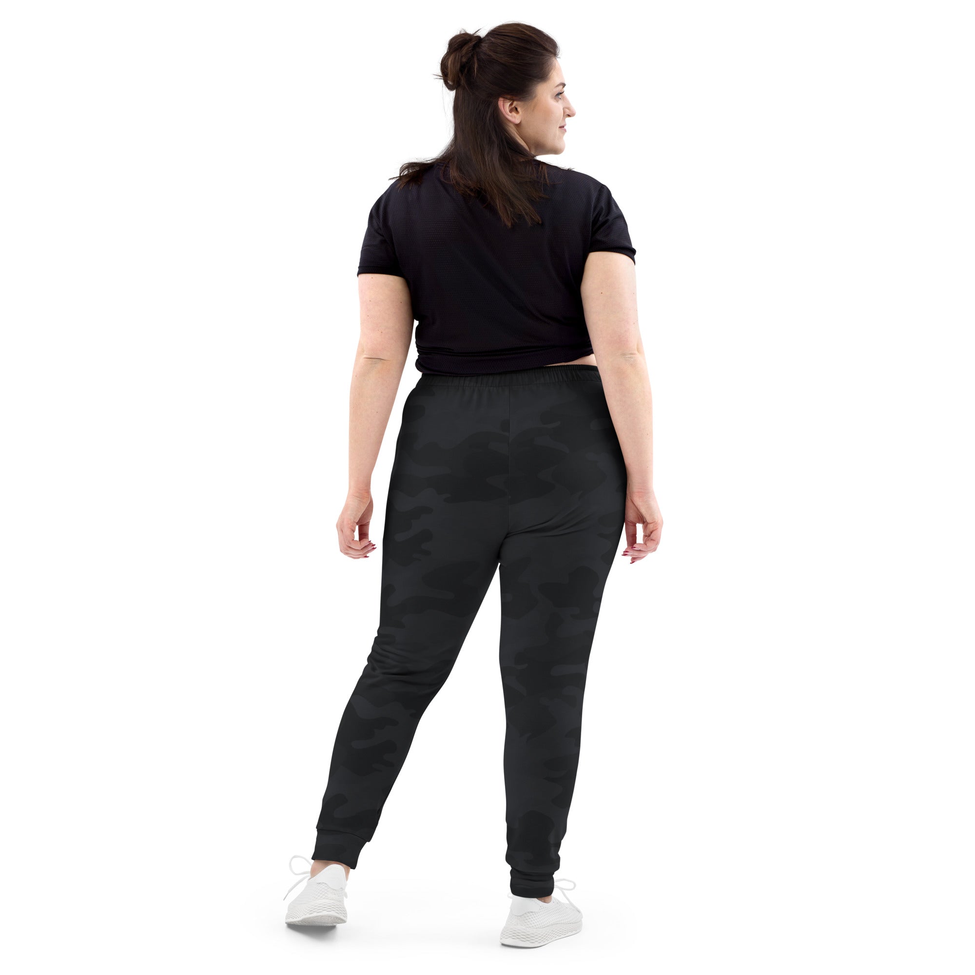 Women’s black camouflage recycled jogger pants with subtle pattern elastic cuffs cozy brushed fleece inside