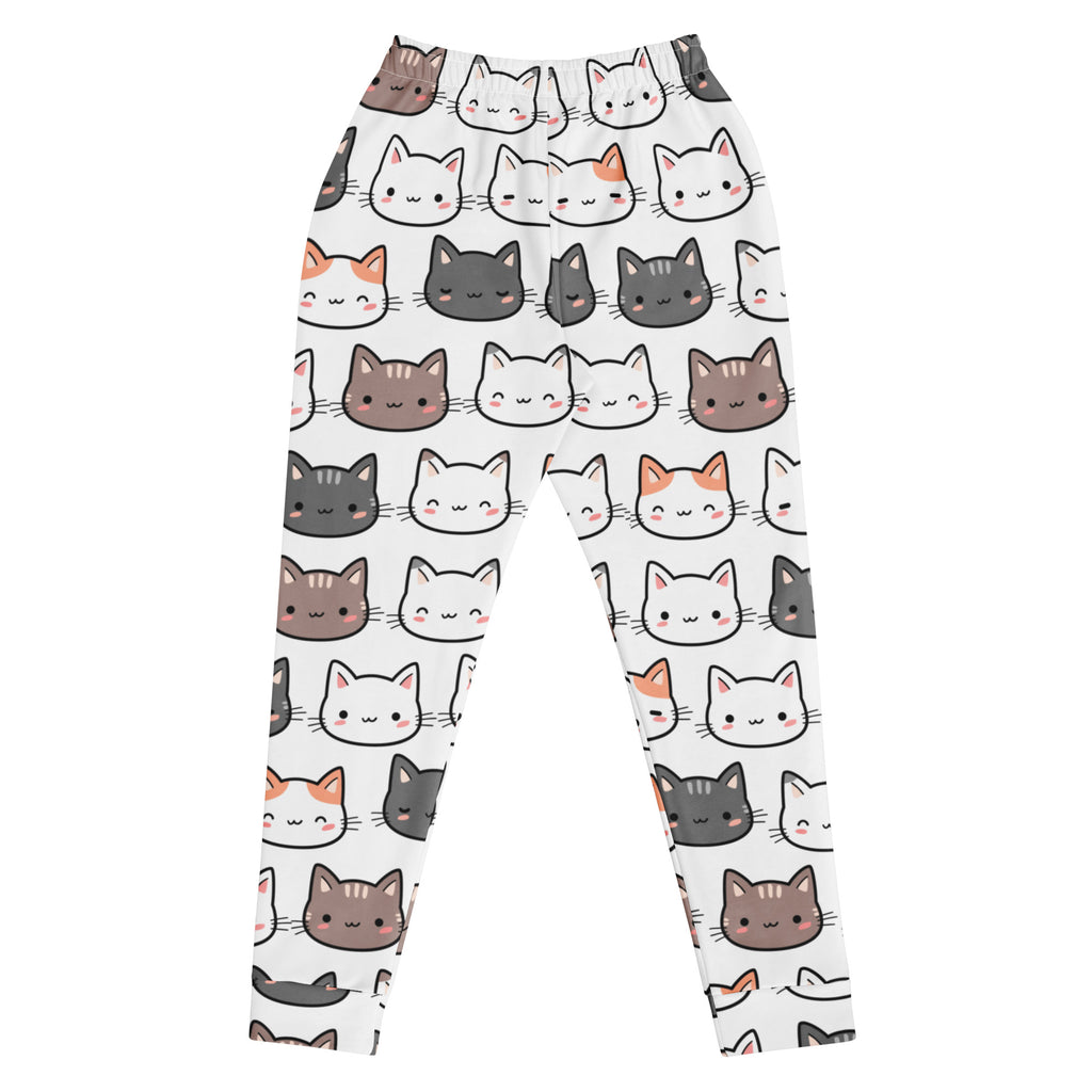 White womens recycled jogger pants with cozy brushed fleece inside and colorful cartoon cat pattern leggings