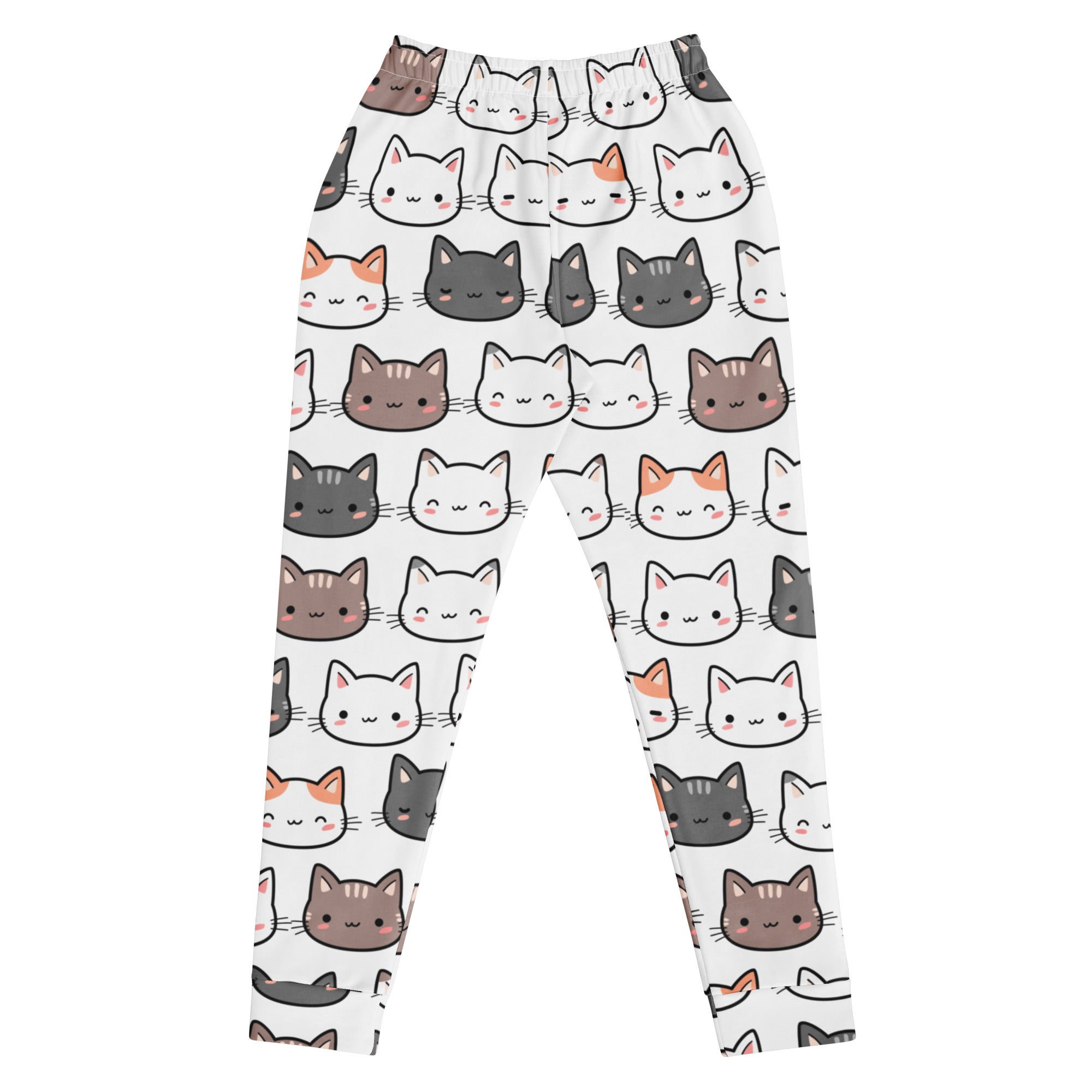 White womens recycled jogger pants with cozy brushed fleece inside and colorful cartoon cat pattern leggings