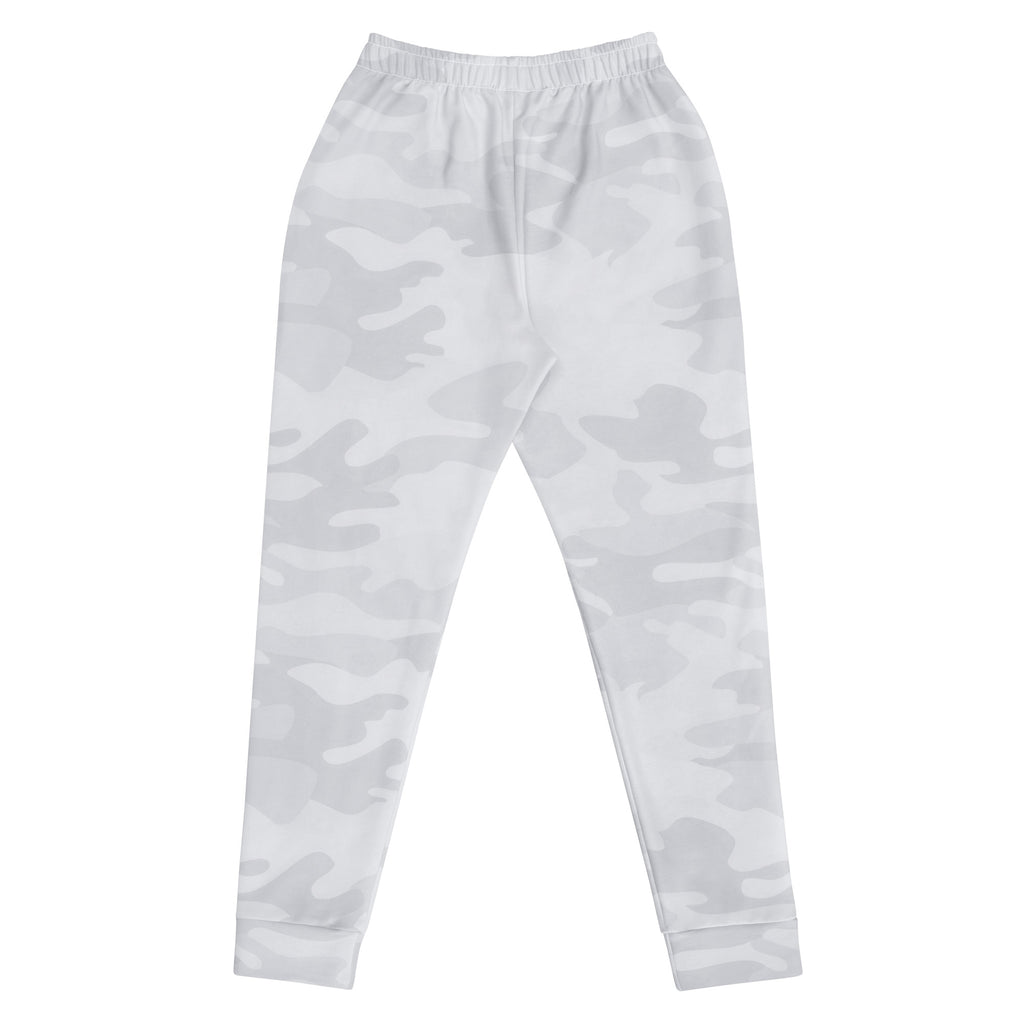 Women’s gray and white camouflage recycled jogger pants with elastic waistband cozy brushed fleece inside and pockets
