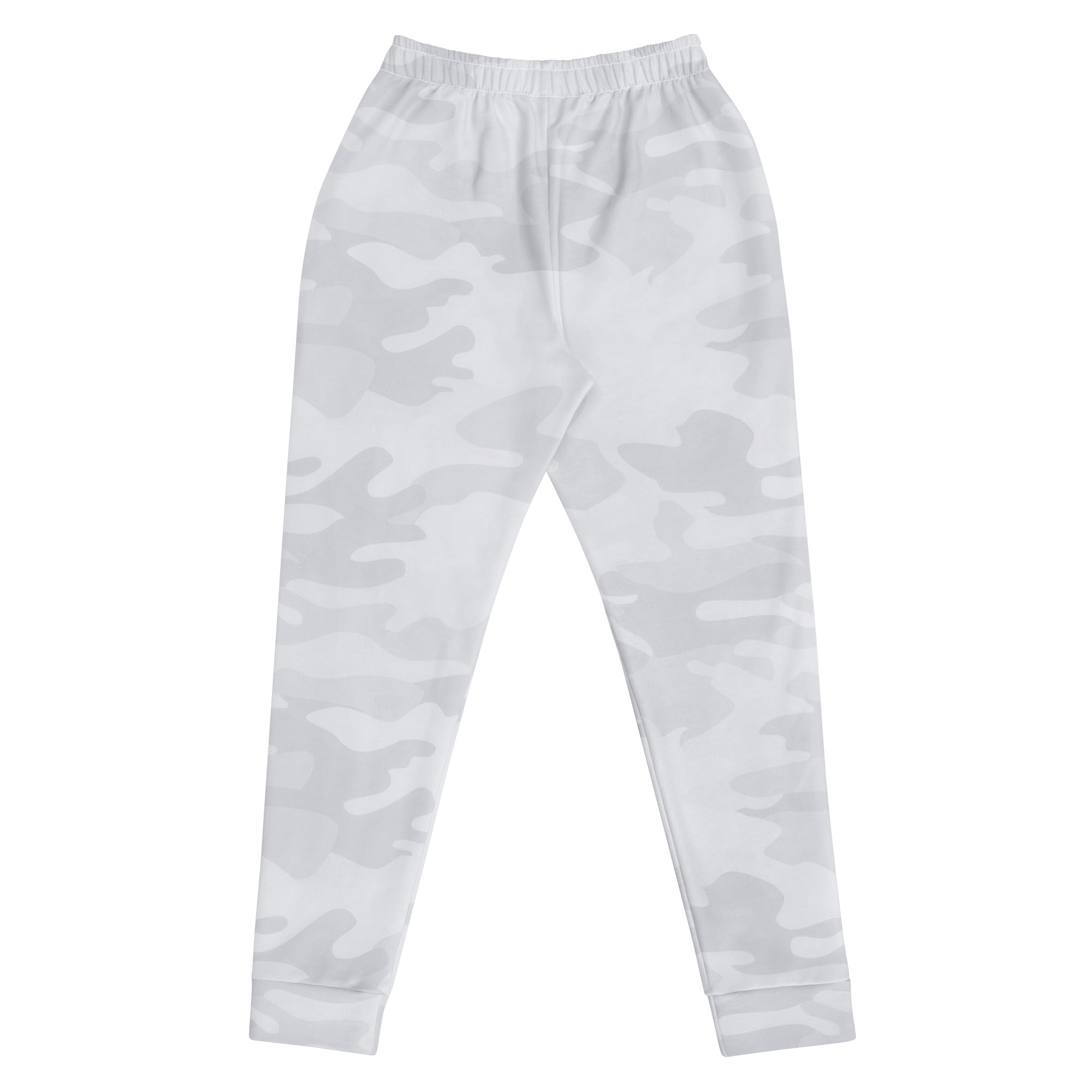 Women’s gray and white camouflage recycled jogger pants with elastic waistband cozy brushed fleece inside and pockets