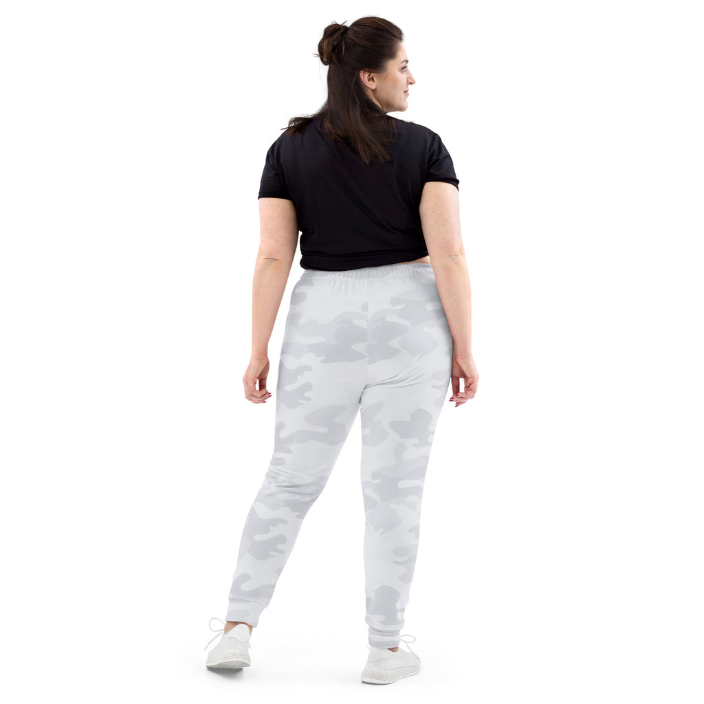 Women’s white camouflage jogger pants with soft stretchy fabric tapered cuffs and cozy brushed inside fleece