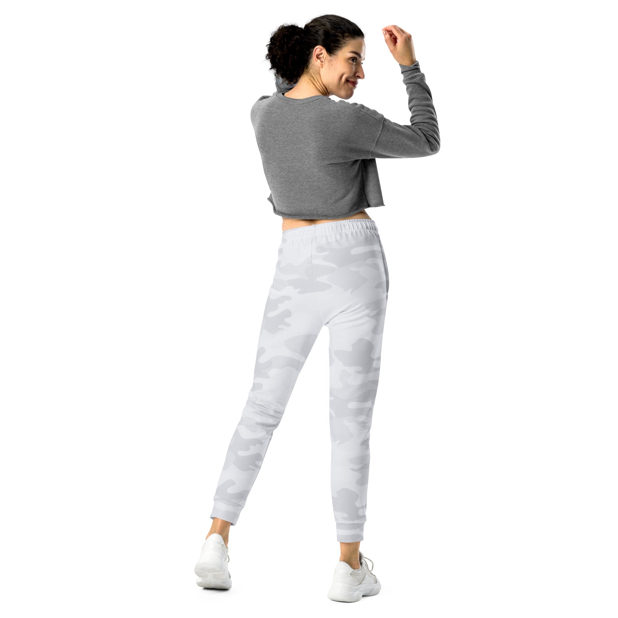 Women’s gray and white camouflage recycled jogger pants with pockets and cozy brushed inside fleece lining