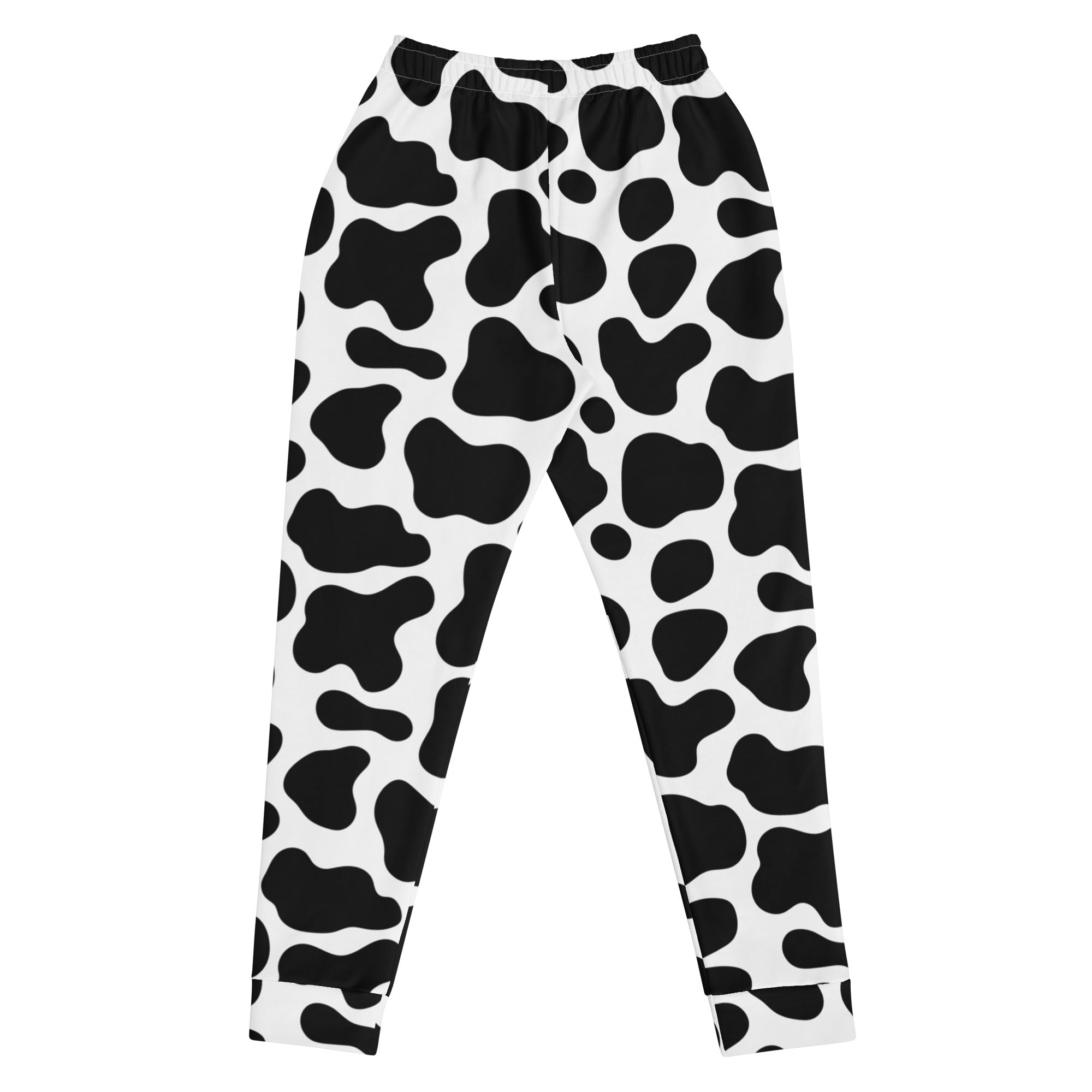 Women’s black and white cow print recycled jogger pants with pockets and cozy brushed inside fleece lining