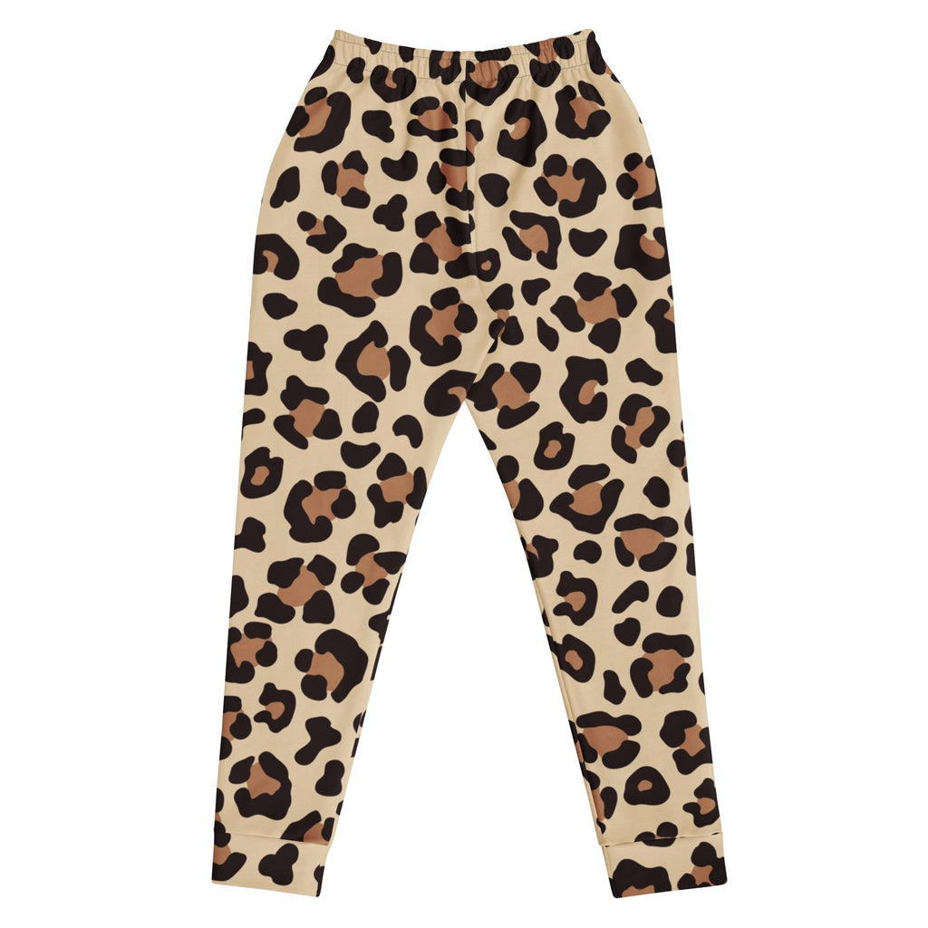 Women’s beige leopard print recycled jogger pants with black and tan spots elastic waistband cozy fleece lining