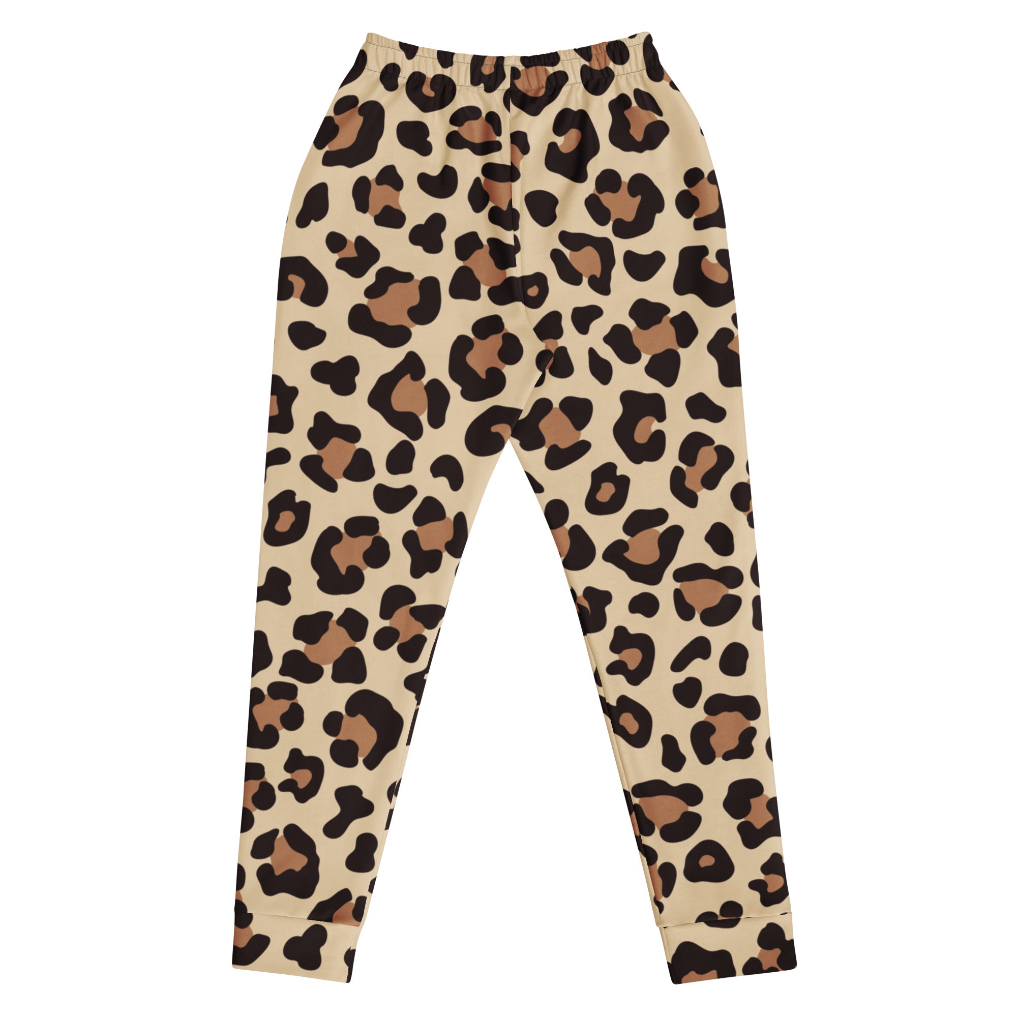 Women’s beige leopard print recycled jogger pants with black and tan spots elastic waistband cozy fleece lining