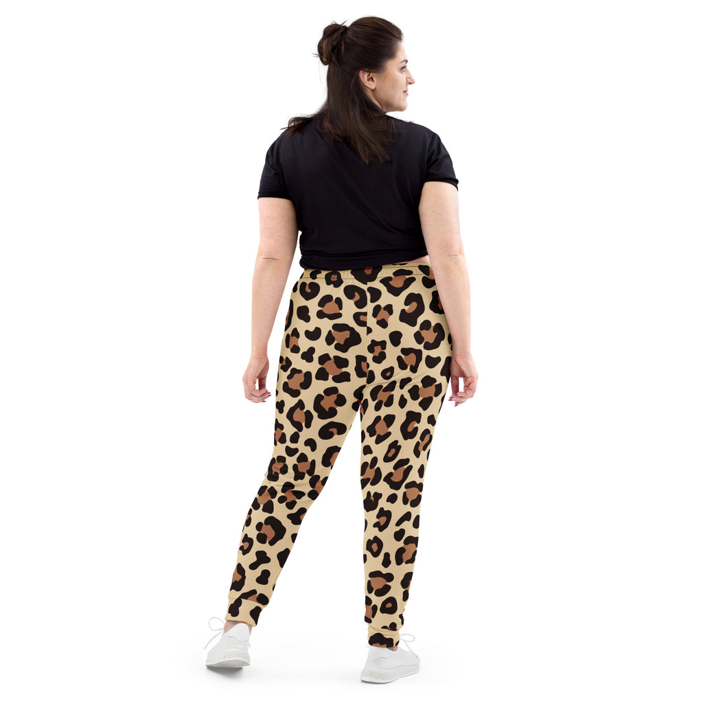 Beige women’s leopard print recycled jogger pants with black and brown spots cozy brushed fleece inside