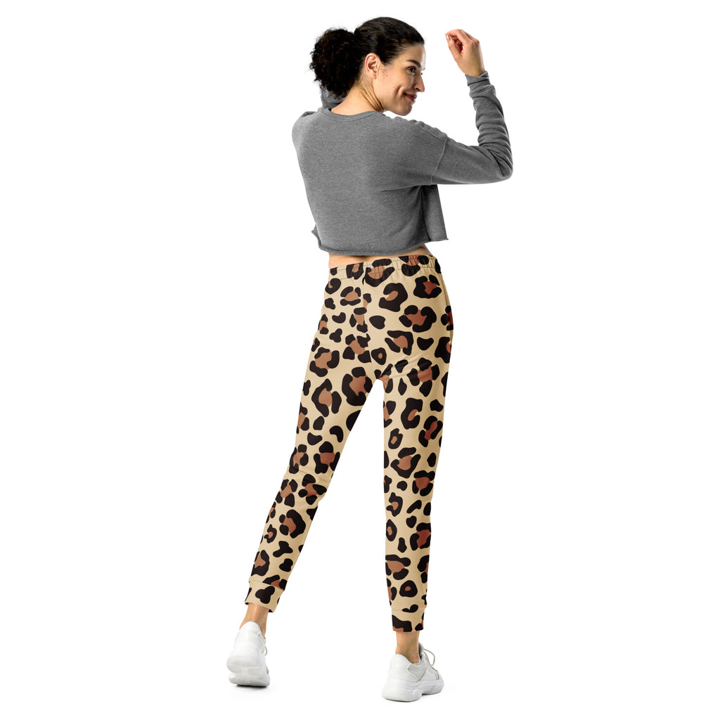 Beige leopard print recycled jogger pants with brown and black spots cozy brushed inside fleece and pockets