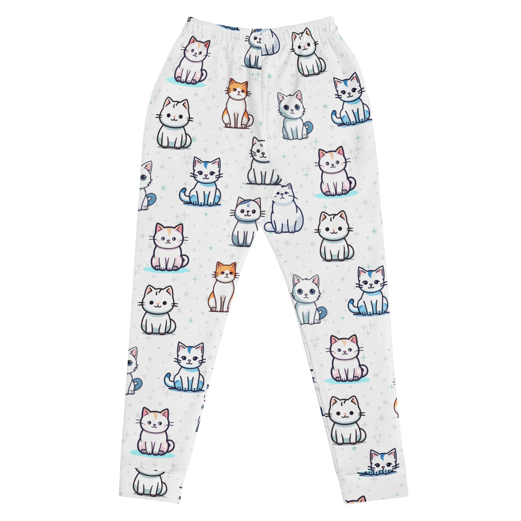 White leggings with colorful cartoon cat pattern featuring cozy brushed inside fleece and pockets for women
