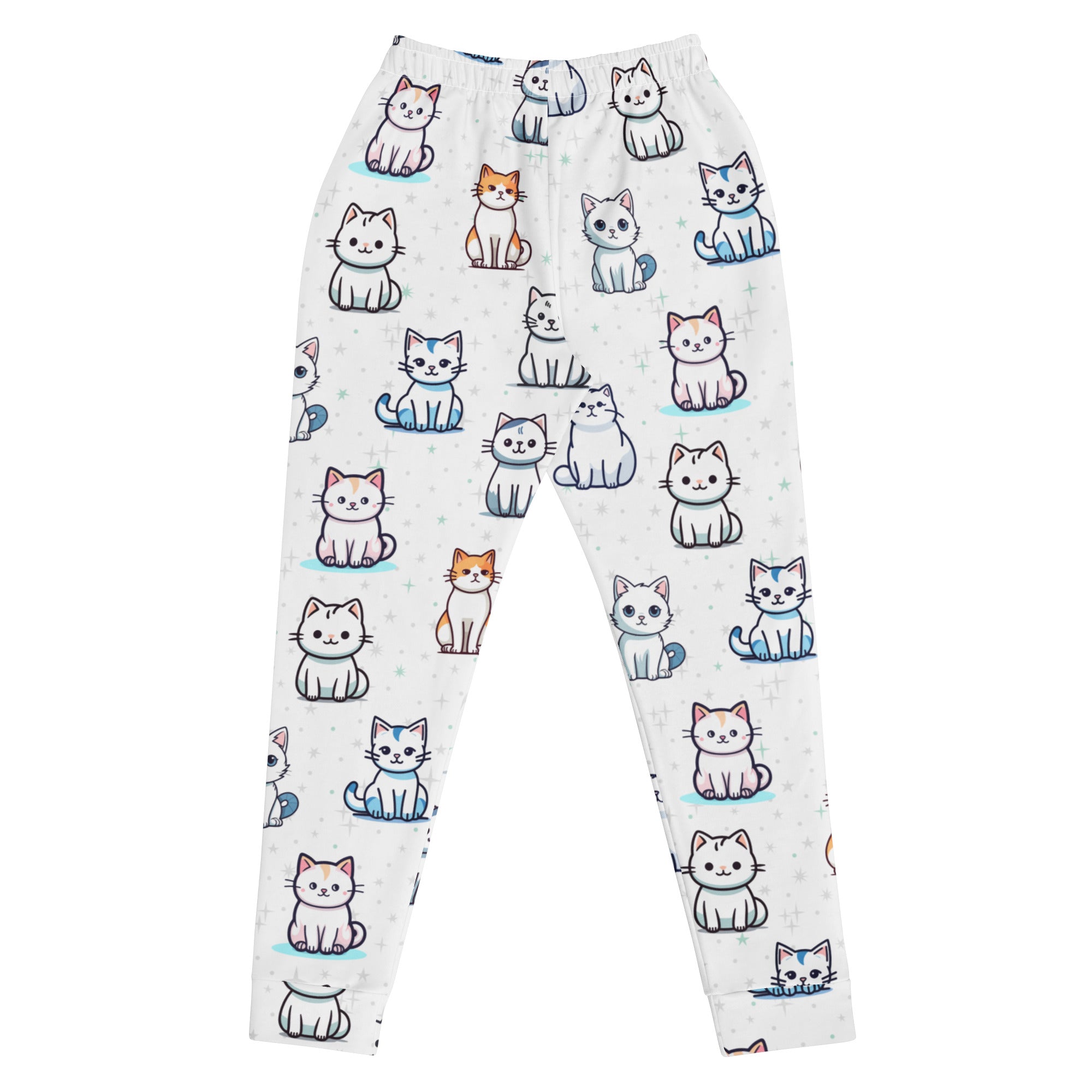 White leggings with colorful cartoon cat pattern featuring cozy brushed inside fleece and pockets for women