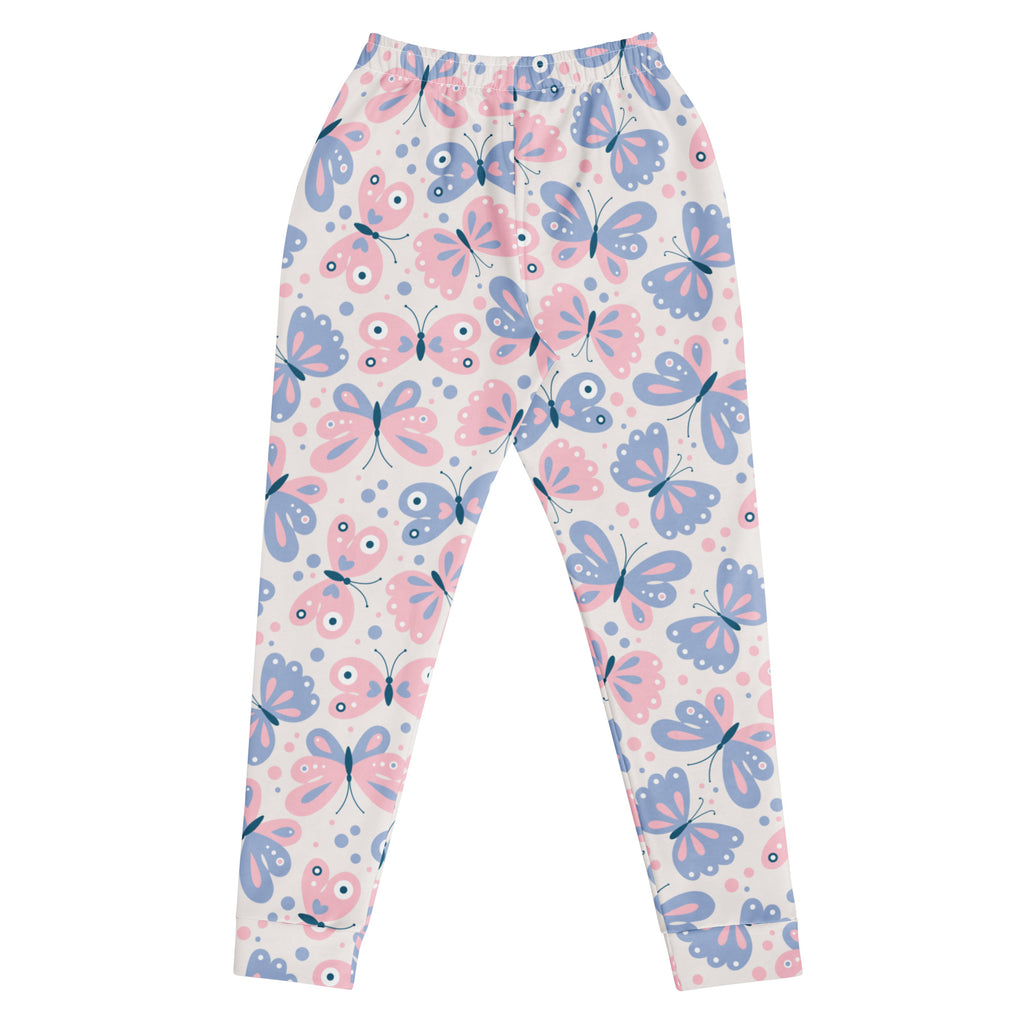 Women’s pastel pink and blue butterfly patterned recycled jogger pants with pockets and soft stretchy fabric