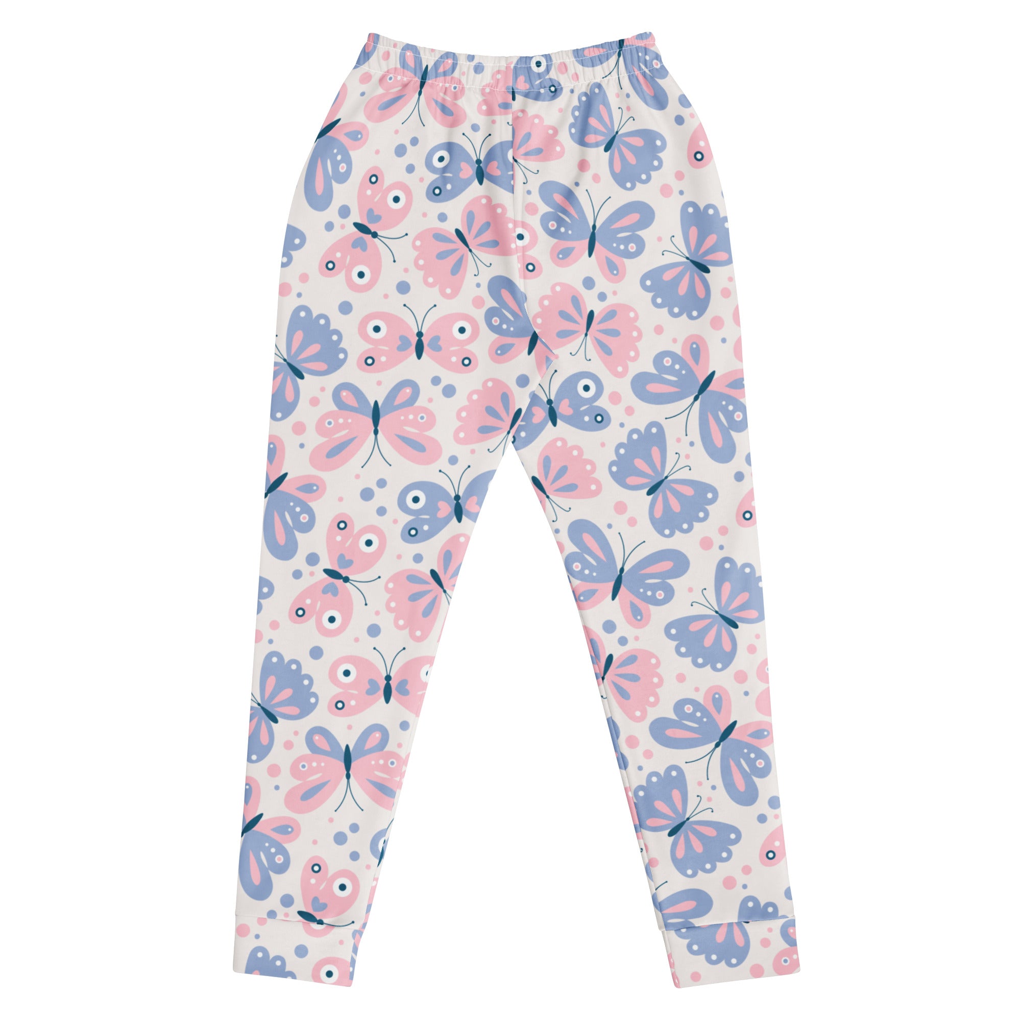 Women’s pastel pink and blue butterfly patterned recycled jogger pants with pockets and soft stretchy fabric