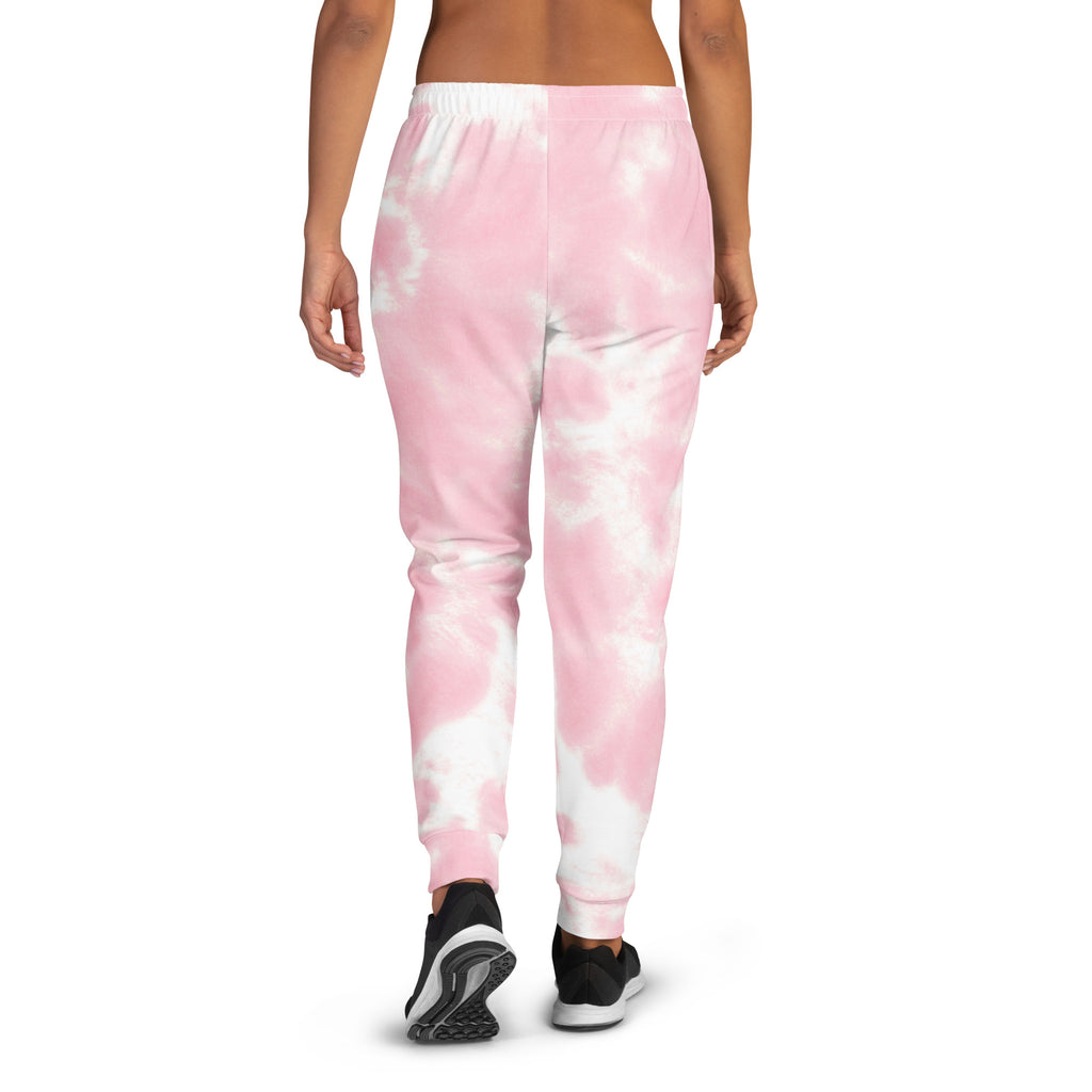 Women’s pink and white tie-dye recycled jogger pants with pockets made from cozy brushed inside fleece fabric