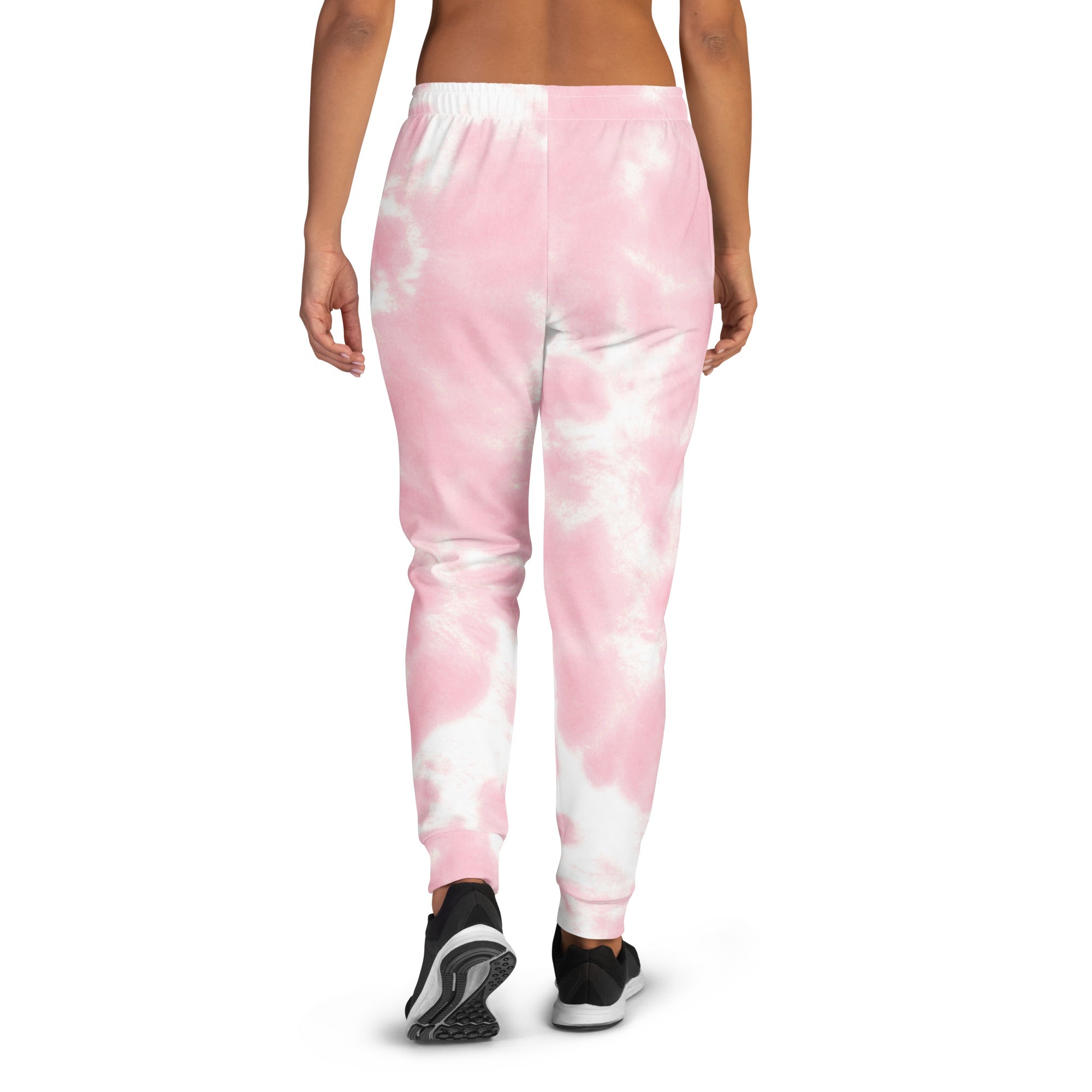Women’s pink and white tie-dye recycled jogger pants with pockets made from cozy brushed inside fleece fabric