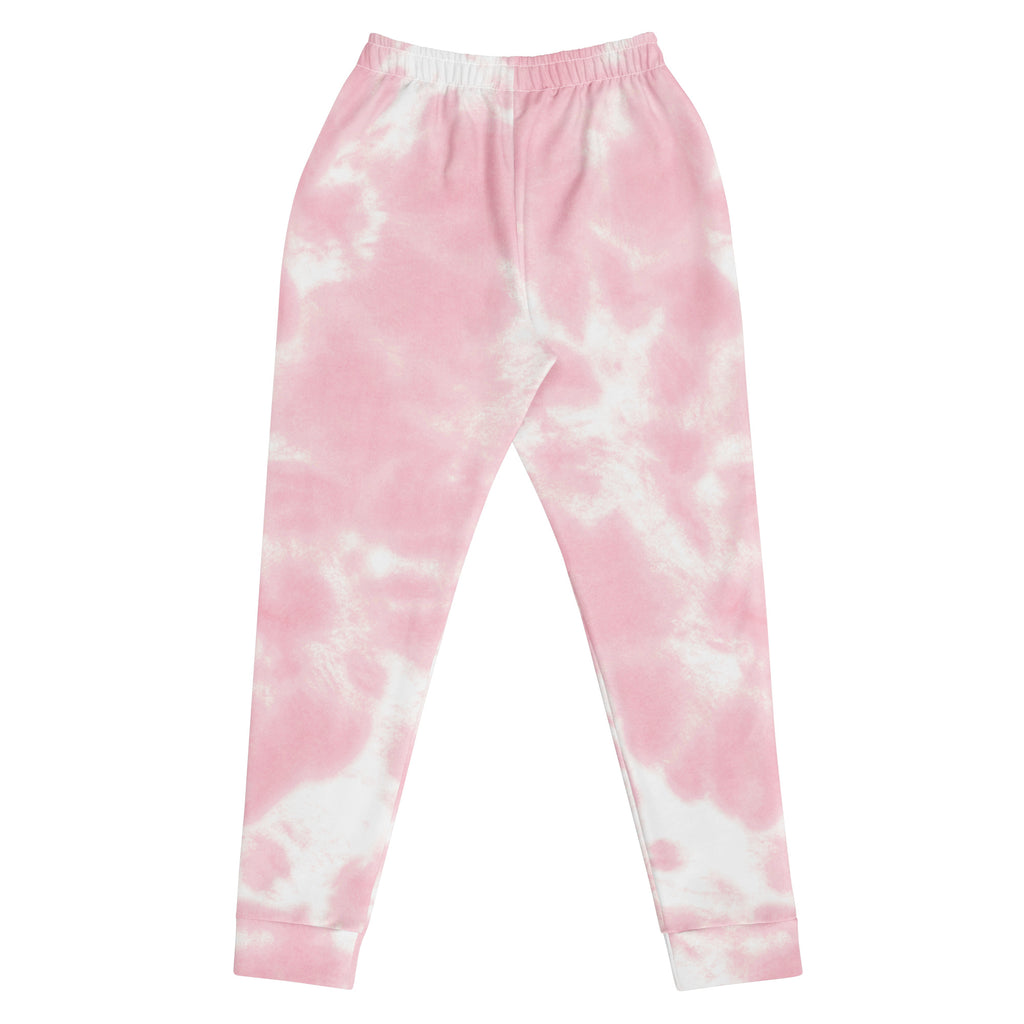 Women’s pink and white tie-dye jogger pants with elastic waistband cozy brushed inside fleece and pockets