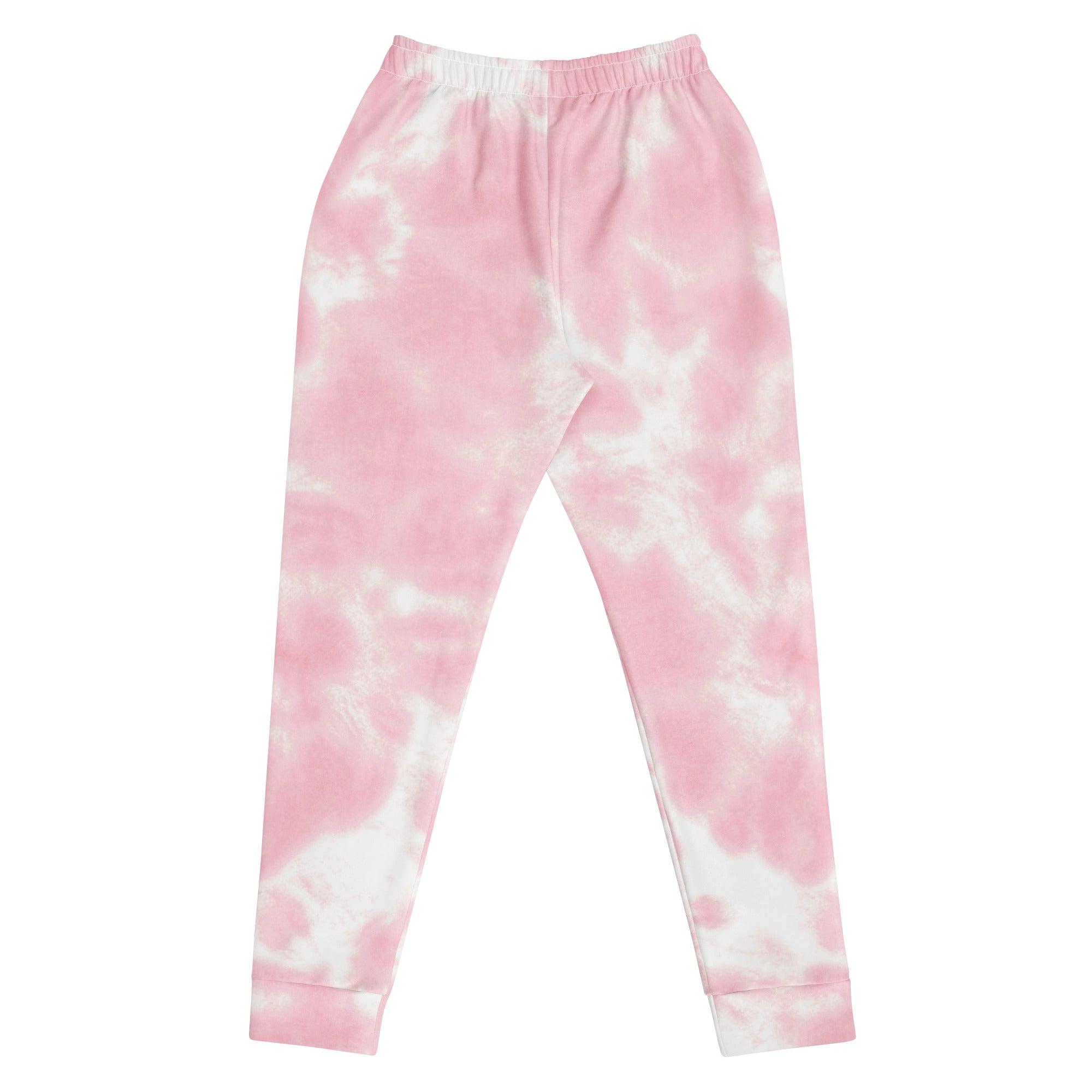 Women’s pink and white tie-dye jogger pants with elastic waistband cozy brushed inside fleece and pockets