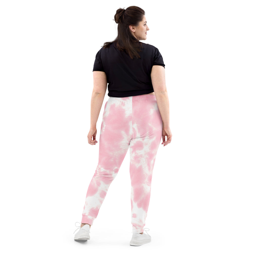 Women’s pink and white tie-dye jogger pants with pockets made of cozy recycled brushed fleece
