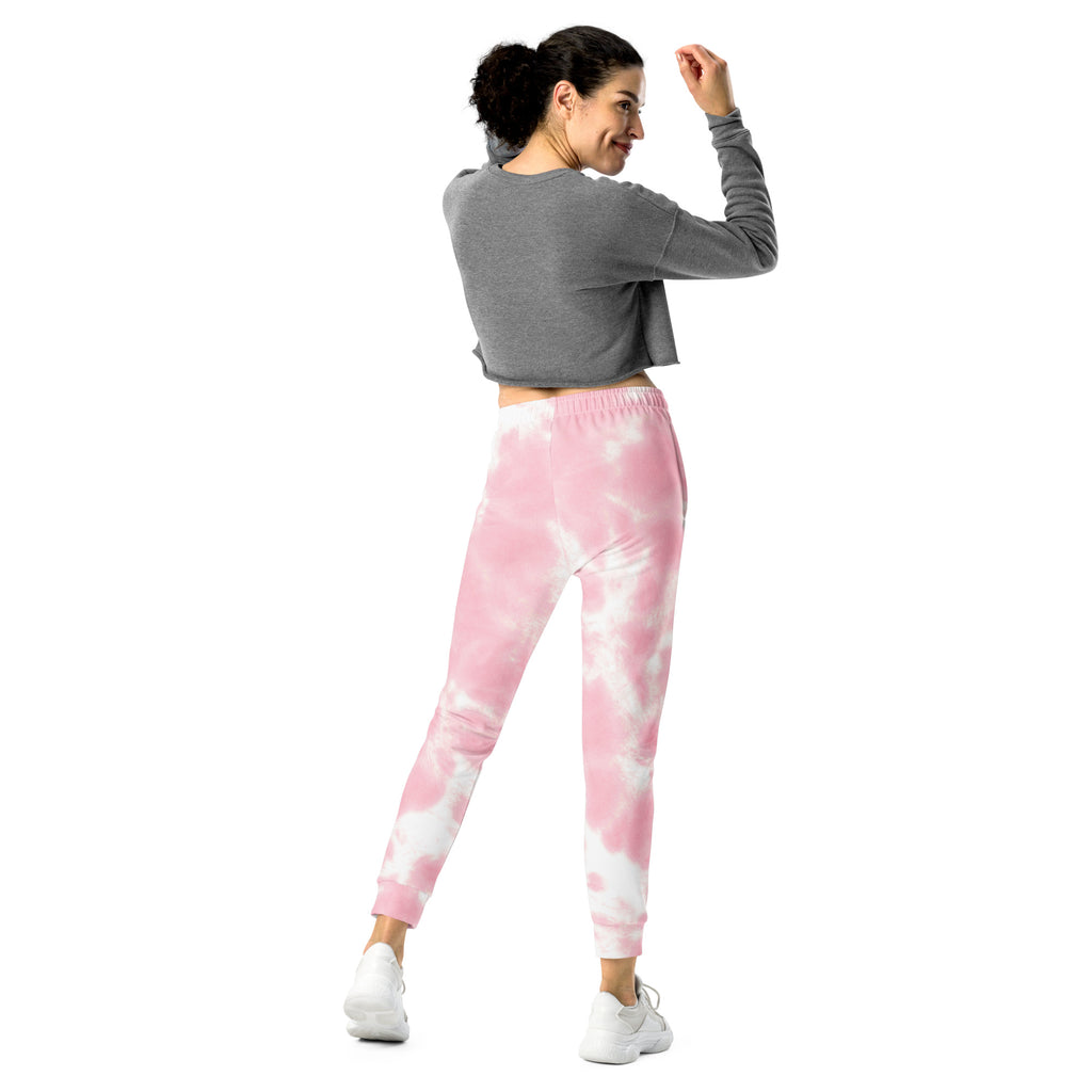 Women pink and white tie-dye recycled jogger pants with elastic waistband cozy brushed fleece inside and pockets