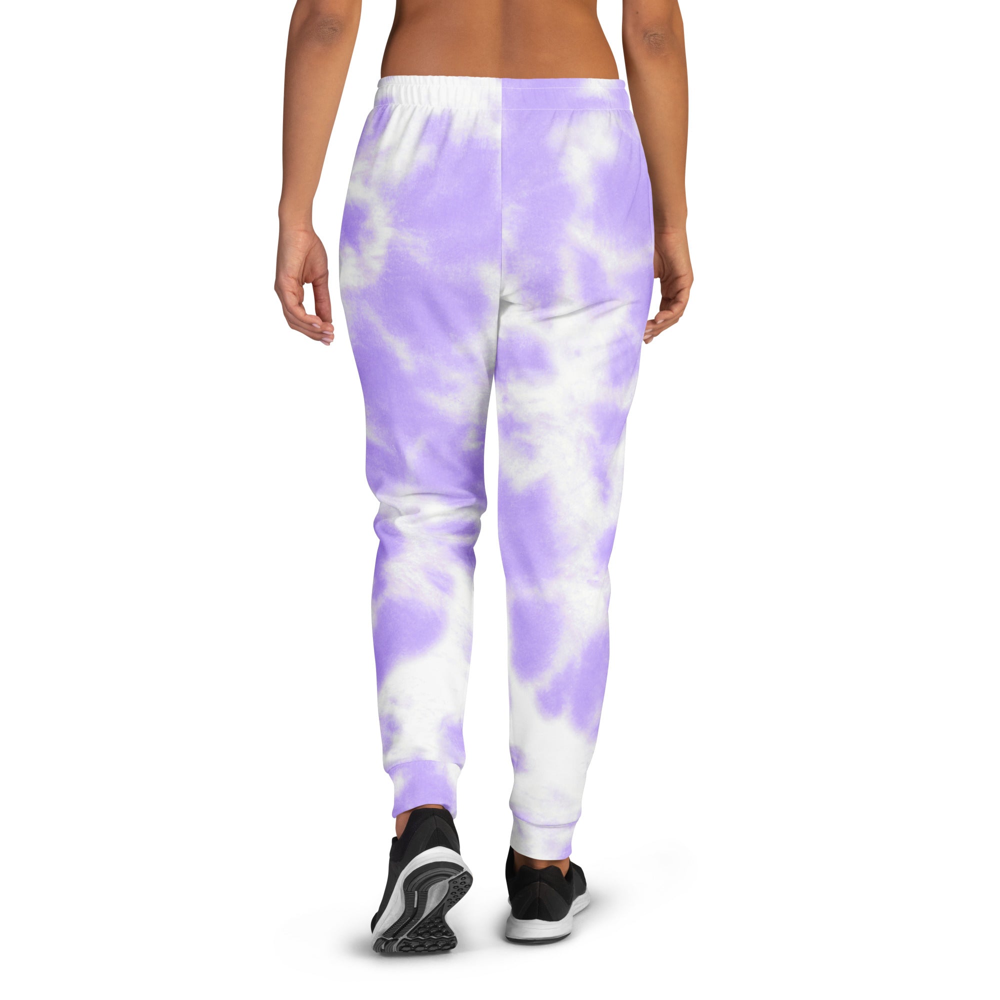 Women’s purple and white tie dye recycled jogger pants with pockets made of cozy stretchy fleece fabric