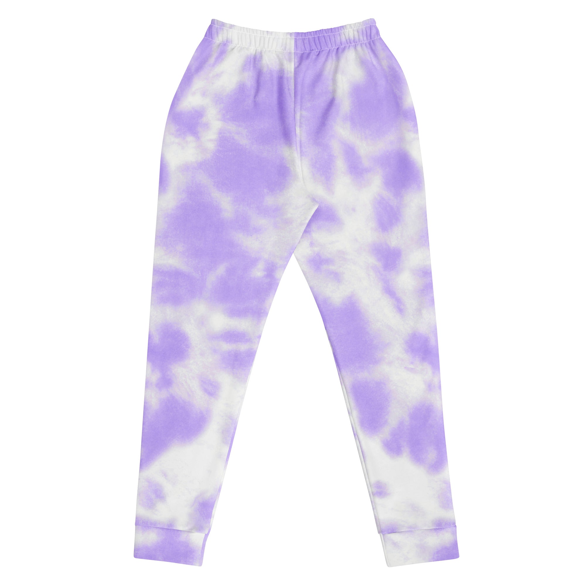 Women’s purple and white tie-dye jogger pants with elastic waistband cozy brushed inside fleece and pockets