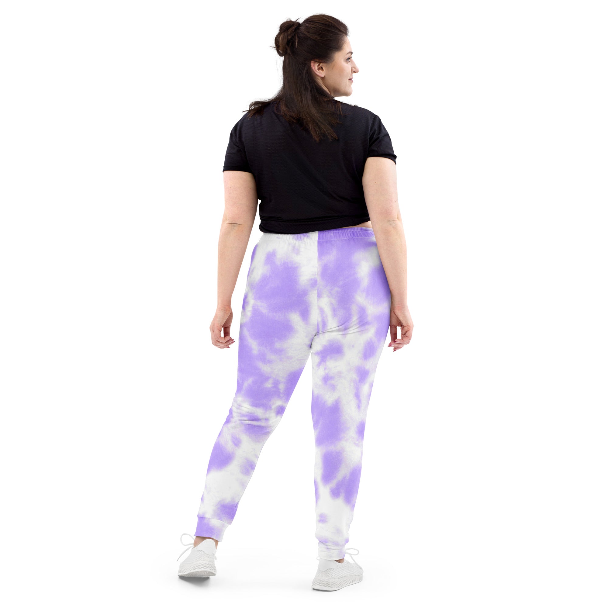 Women’s purple and white tie-dye recycled jogger pants with pockets and cozy brushed inside fleece lining