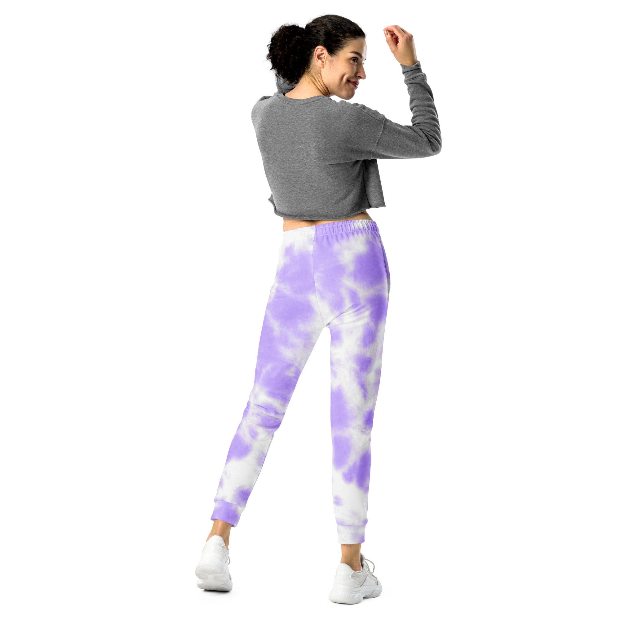Women’s purple and white tie-dye jogger pants with pockets cozy brushed inside fleece made from recycled material