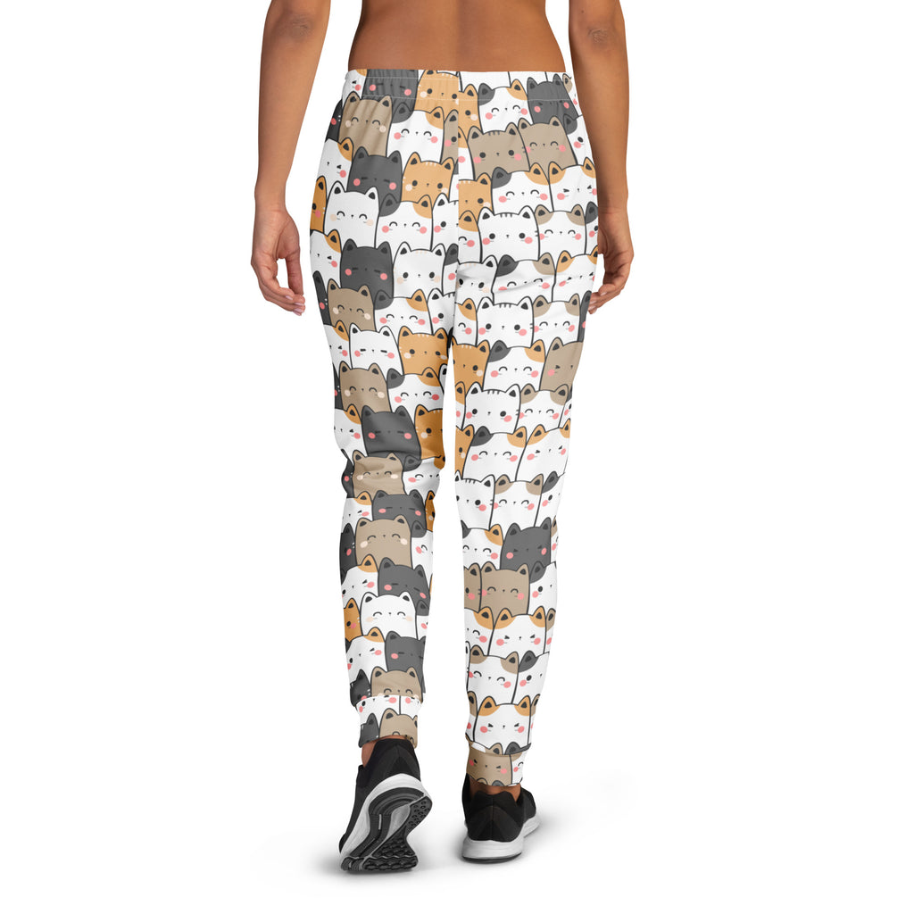 White women’s kawaii cat jogger pants with colorful cartoon cats cozy brushed fleece and pockets
