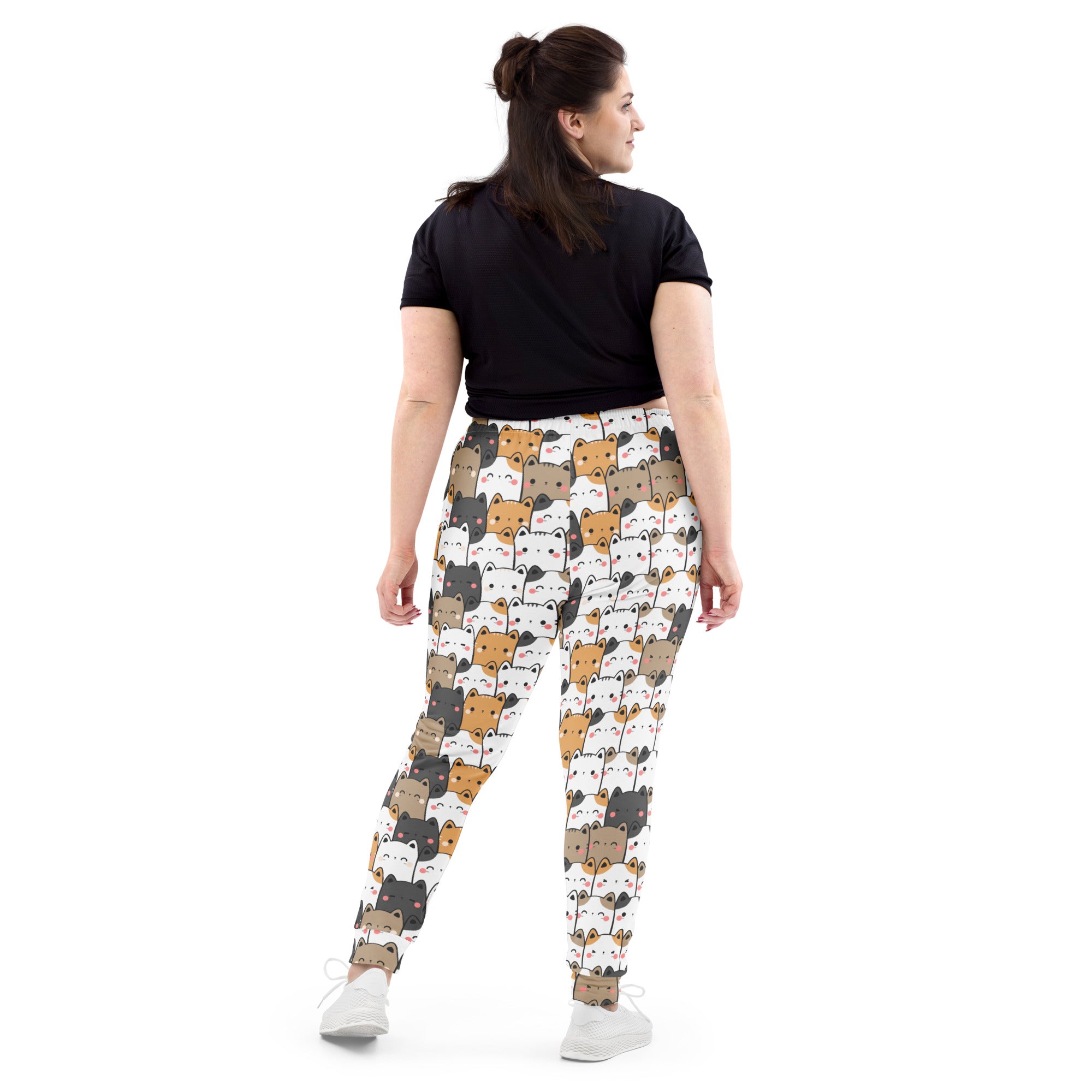 White women’s kawaii cat recycled jogger pants with cozy brushed fleece and colorful cartoon bear pattern