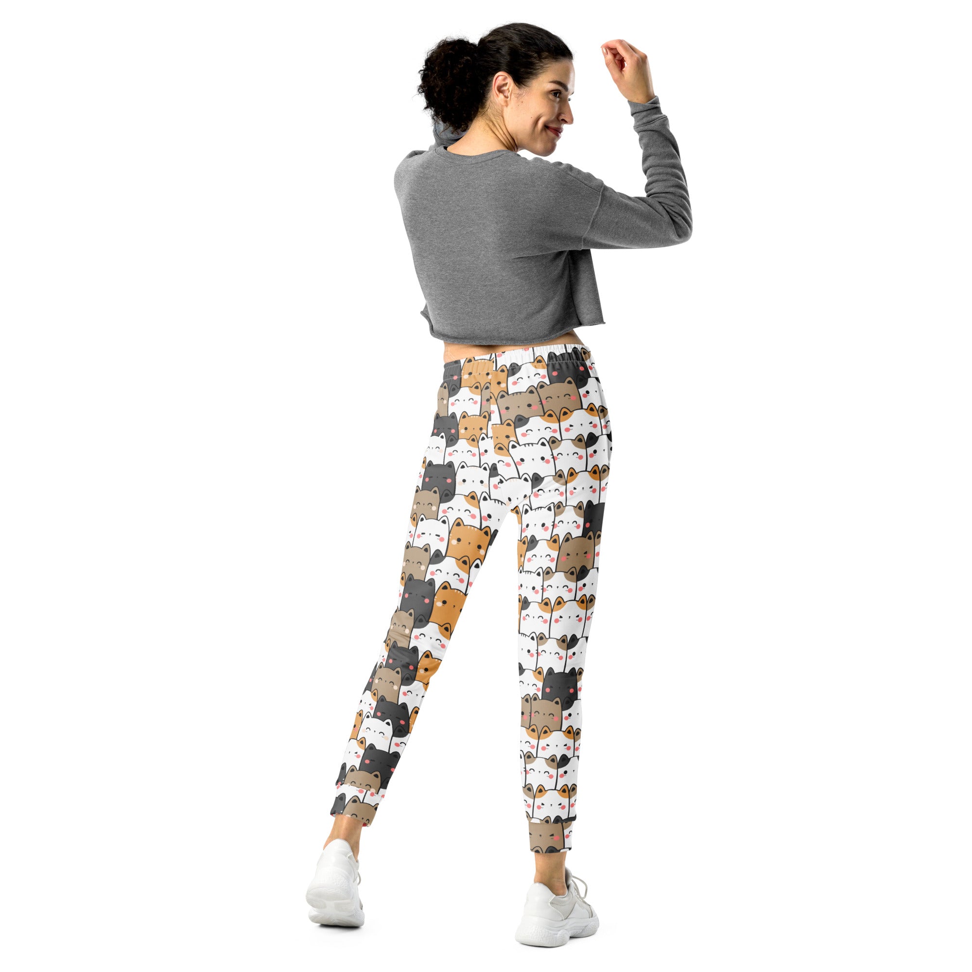 Women’s kawaii cat white recycled jogger pants with colorful cartoon cat pattern and cozy brushed fleece lining