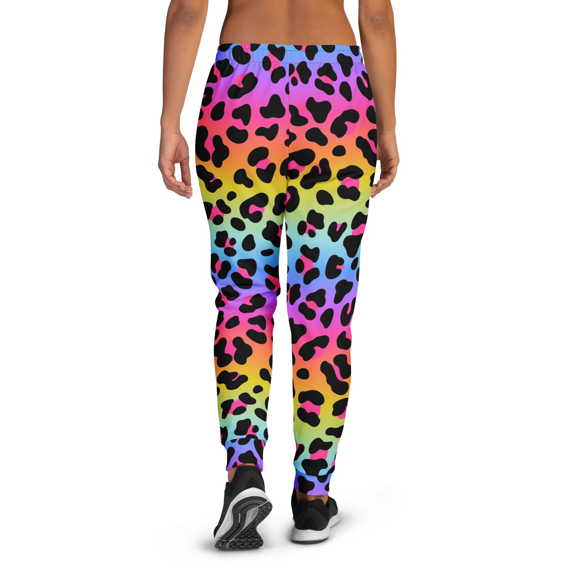 Women’s rainbow gradient leopard print jogger pants with cozy recycled fleece and pockets for casual wear