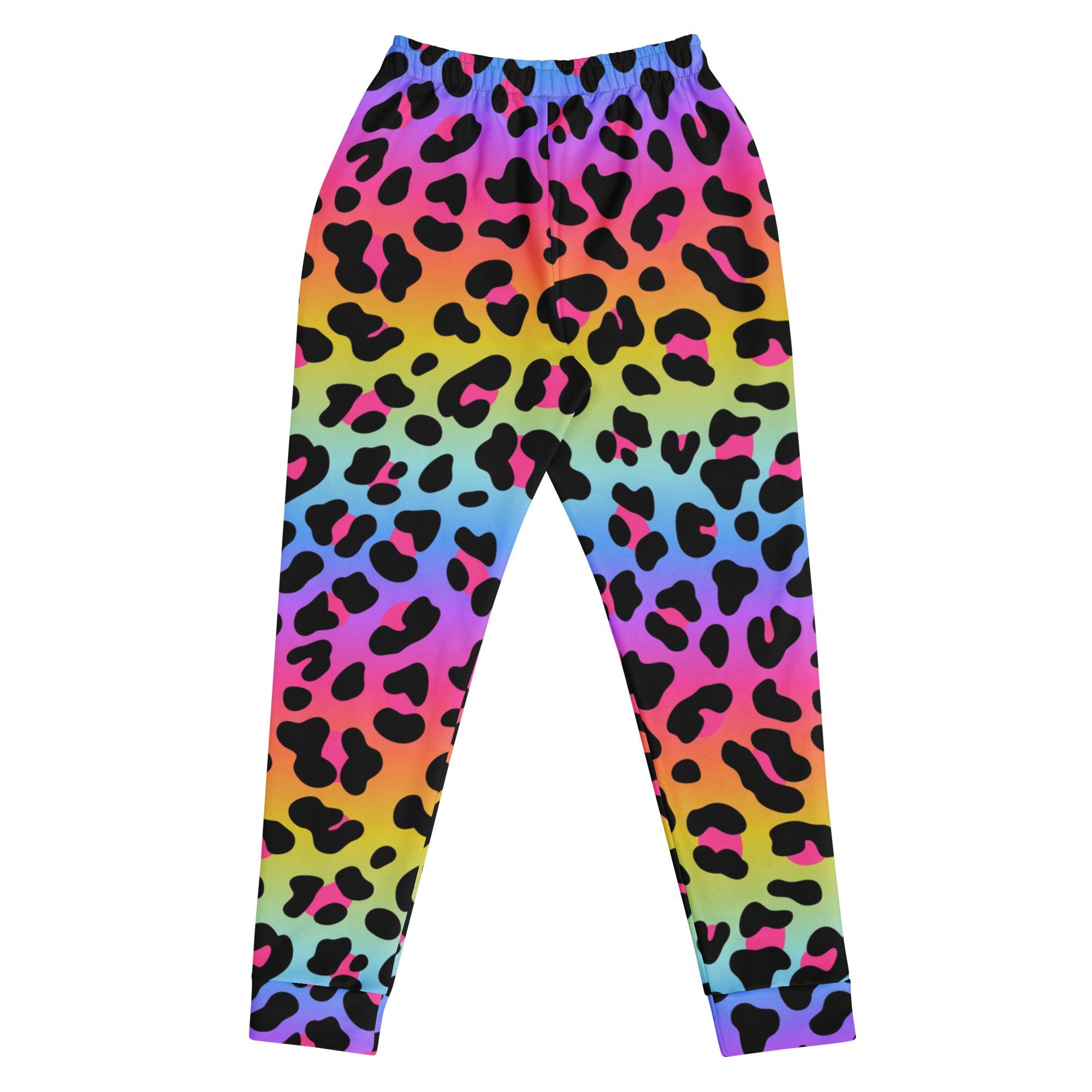 Women’s rainbow gradient leopard print recycled jogger pants with elastic waistband cuffed ankles and cozy fleece lining