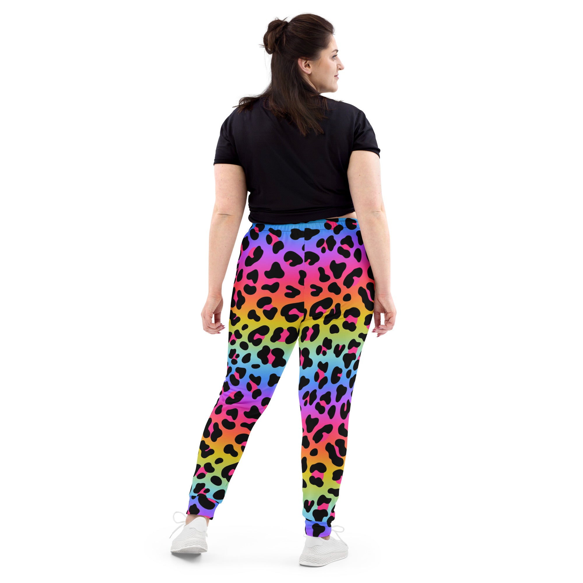 Women’s rainbow leopard recycled jogger pants with black spots cozy brushed inside fleece and pockets