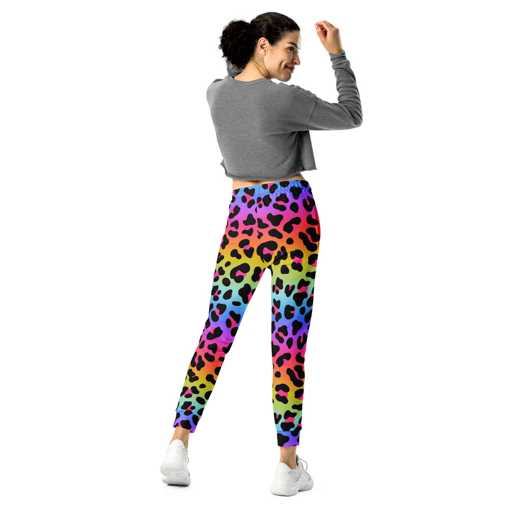 Women’s rainbow leopard recycled jogger pants with black spots cozy brushed fleece and elastic waistband with pockets