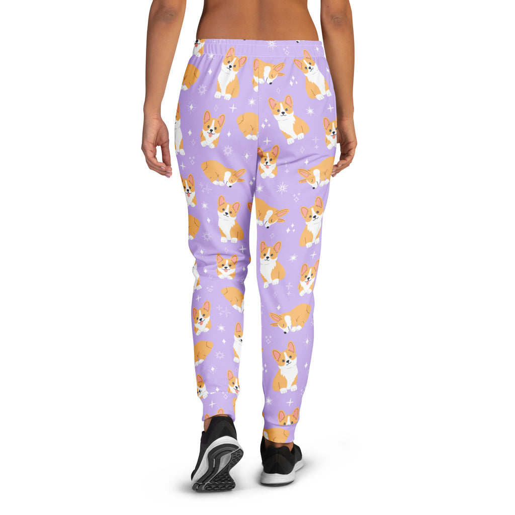 Women’s purple corgi dog recycled jogger pants with pockets cozy brushed inside fleece featuring orange white corgis and stars