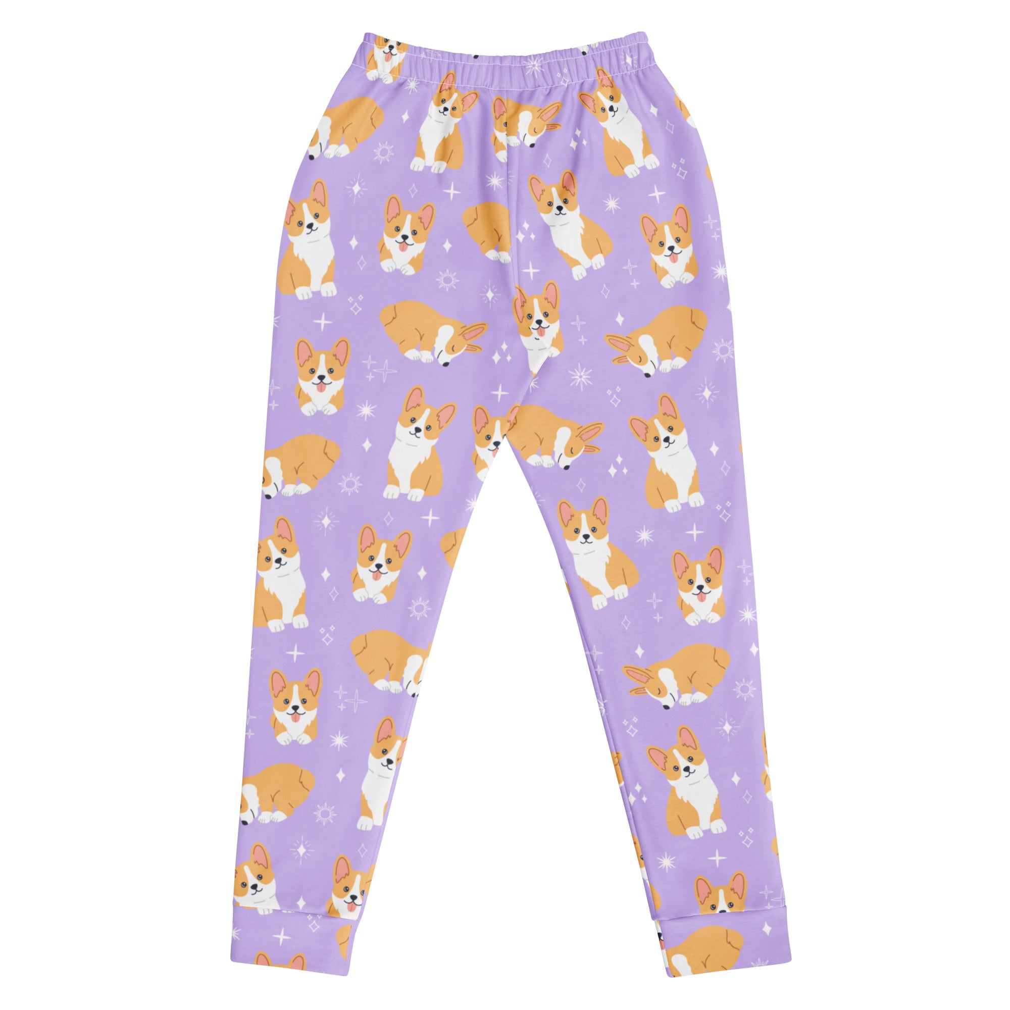 Women’s purple recycled jogger pants with cozy brushed fleece inside featuring orange and white corgi dog pattern