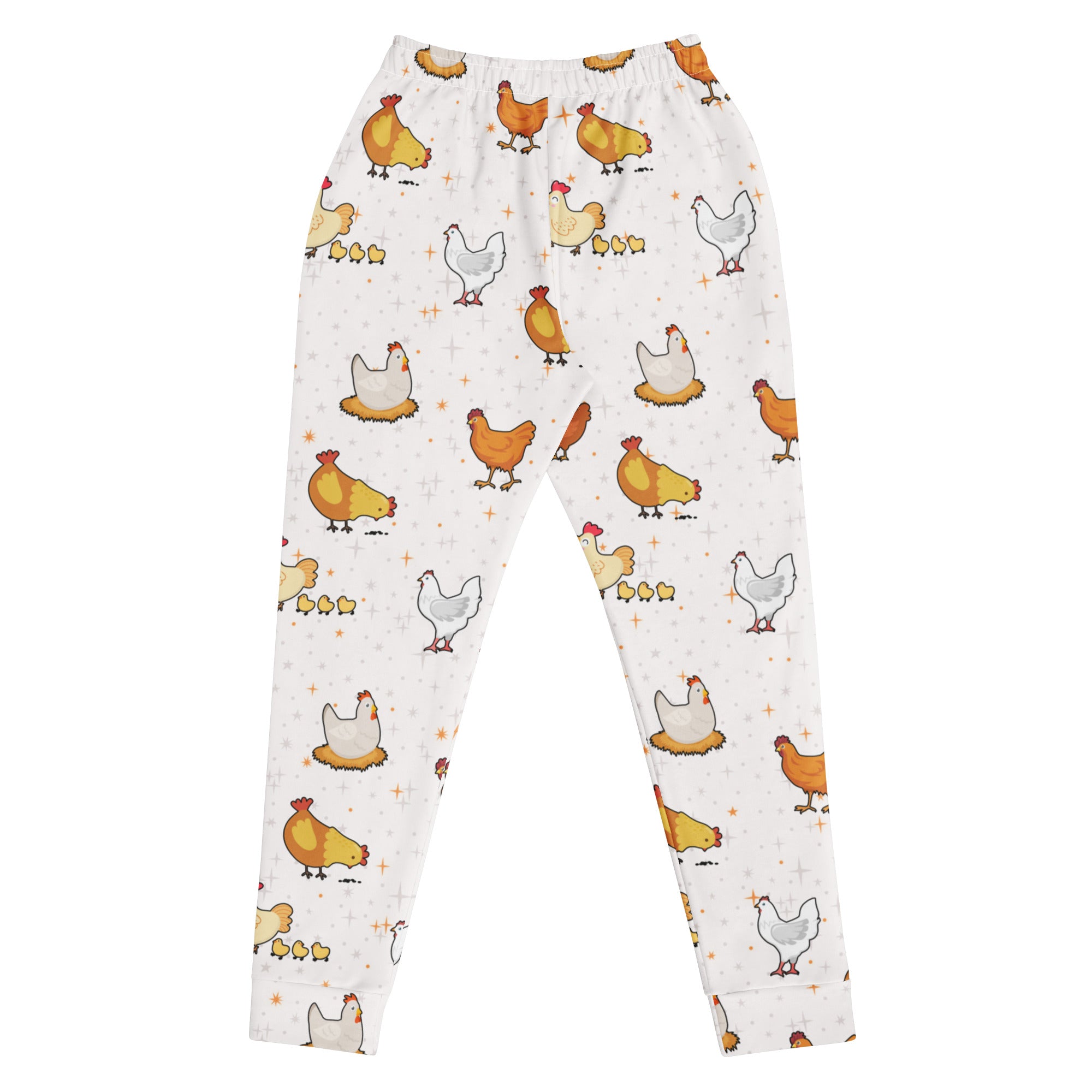 Women’s white recycled jogger pants with playful orange cartoon chickens cozy brushed fleece inside pockets