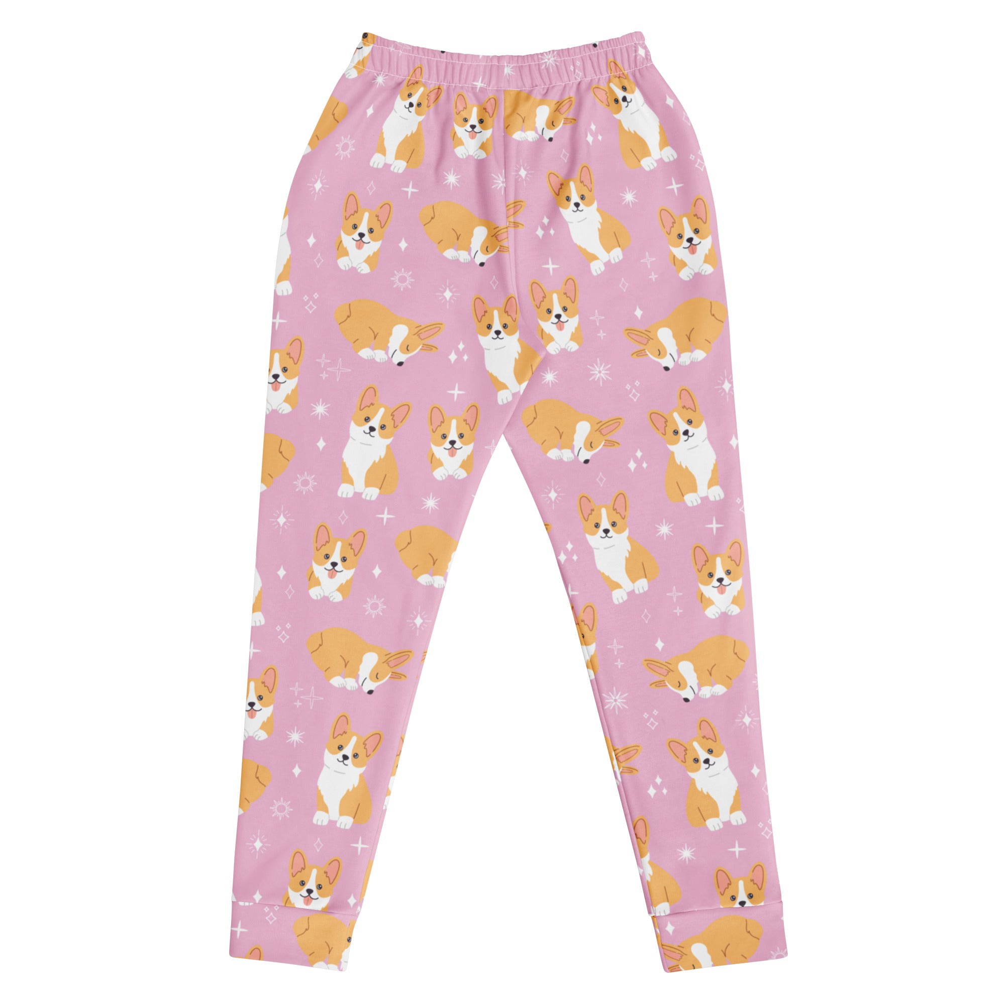 Women’s pink corgi dog recycled jogger pants with cozy brushed inside fleece and playful cartoon corgi pattern