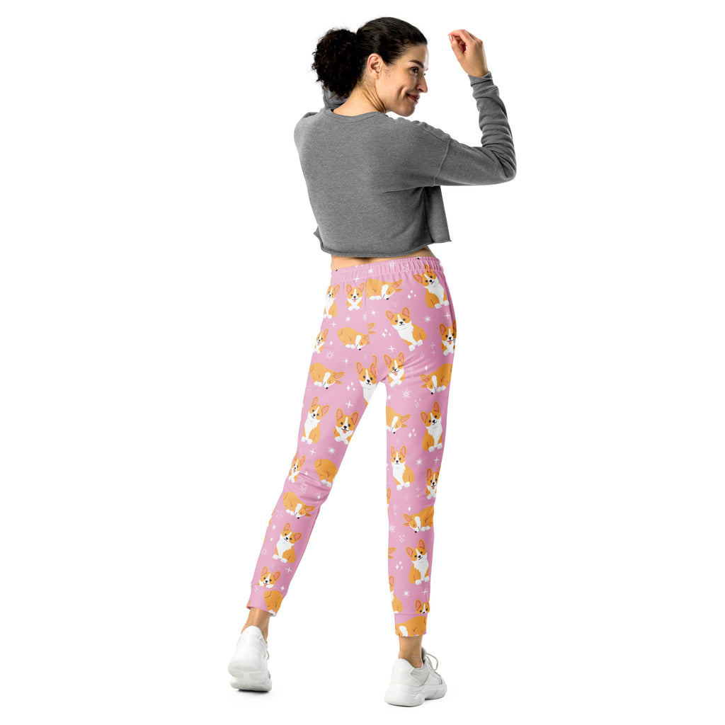 Women’s pink corgi dog recycled jogger pants with pockets made of cozy soft stretchy brushed inside fleece fabric