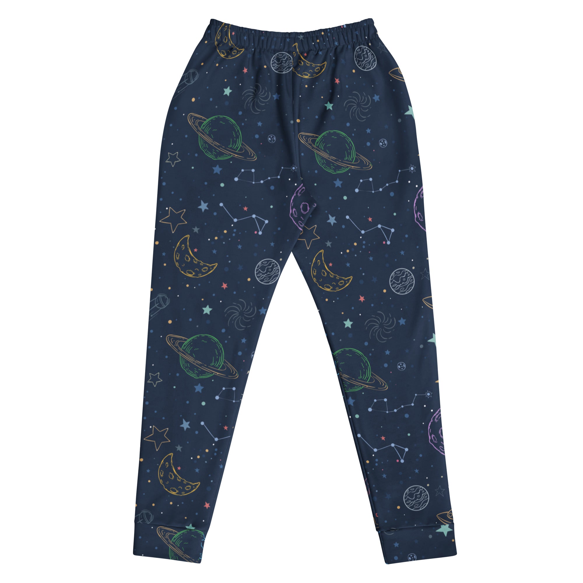 Dark blue women’s galaxy space recycled jogger pants with colorful planet pattern cozy fleece pockets